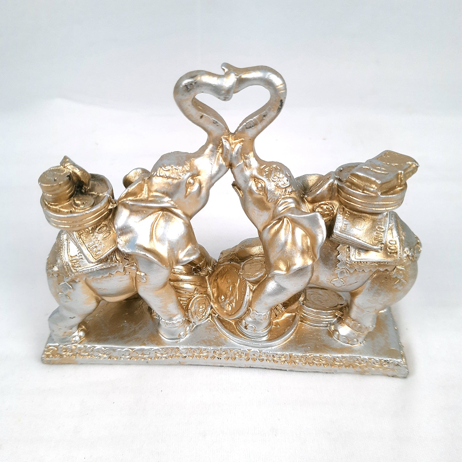 Elephant Statue Showpiece | Fengshui Trunk Up Elephant Figurine With Money & Gold Coins - For Vastu, Good Fortune, Wealth, Strength | For Home Decor, Living Room, Office & Gift - 7 inch - Apkamart #Colour_Silver