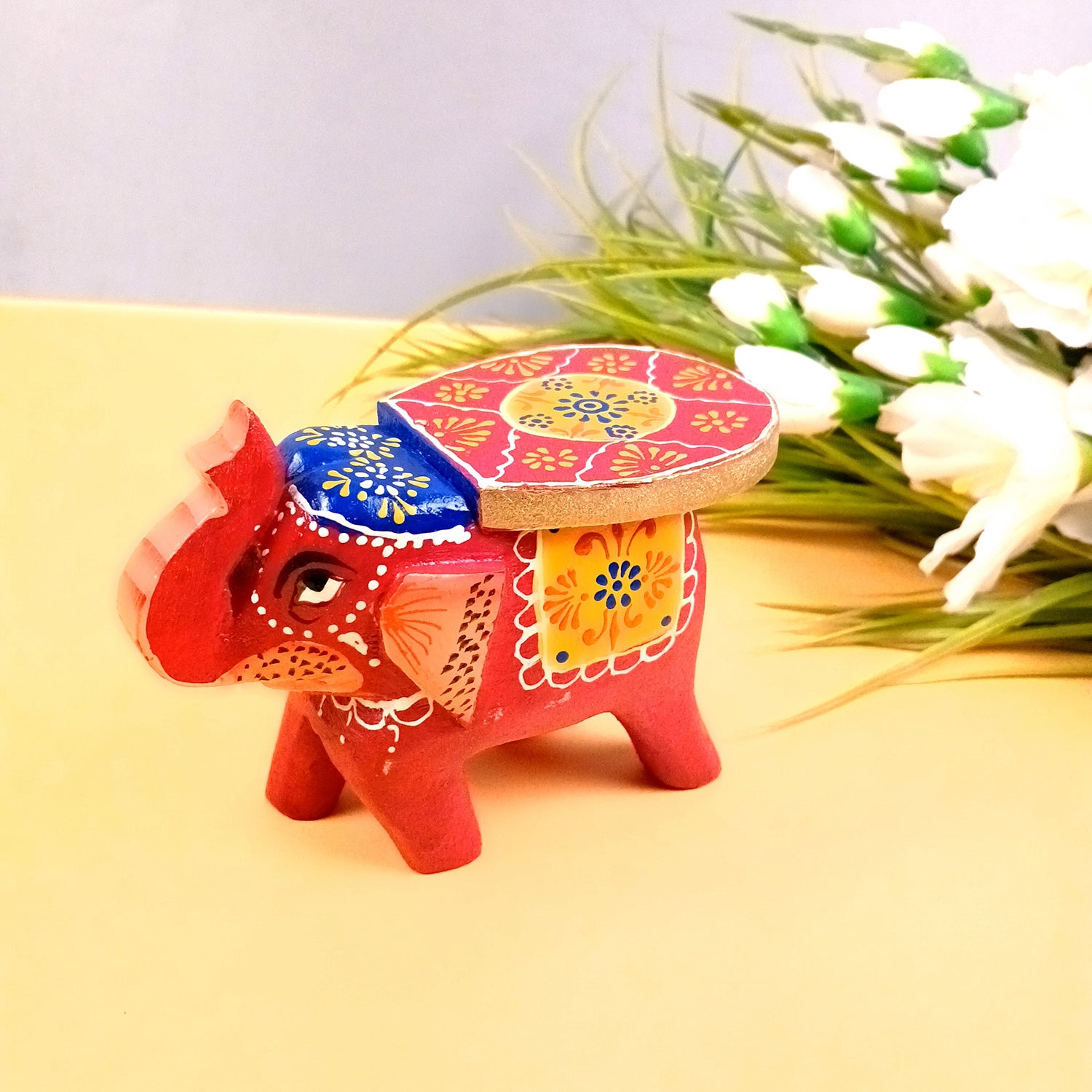 Elephant Showpiece | Elephant Table Showpiece - for Placing Small Pots & Tea Lights - for Home, Living Room Decor & Gifts - 5 Inch (Red, Wood) - Apkamart #Style_Design 1 (Pack Of 1)
