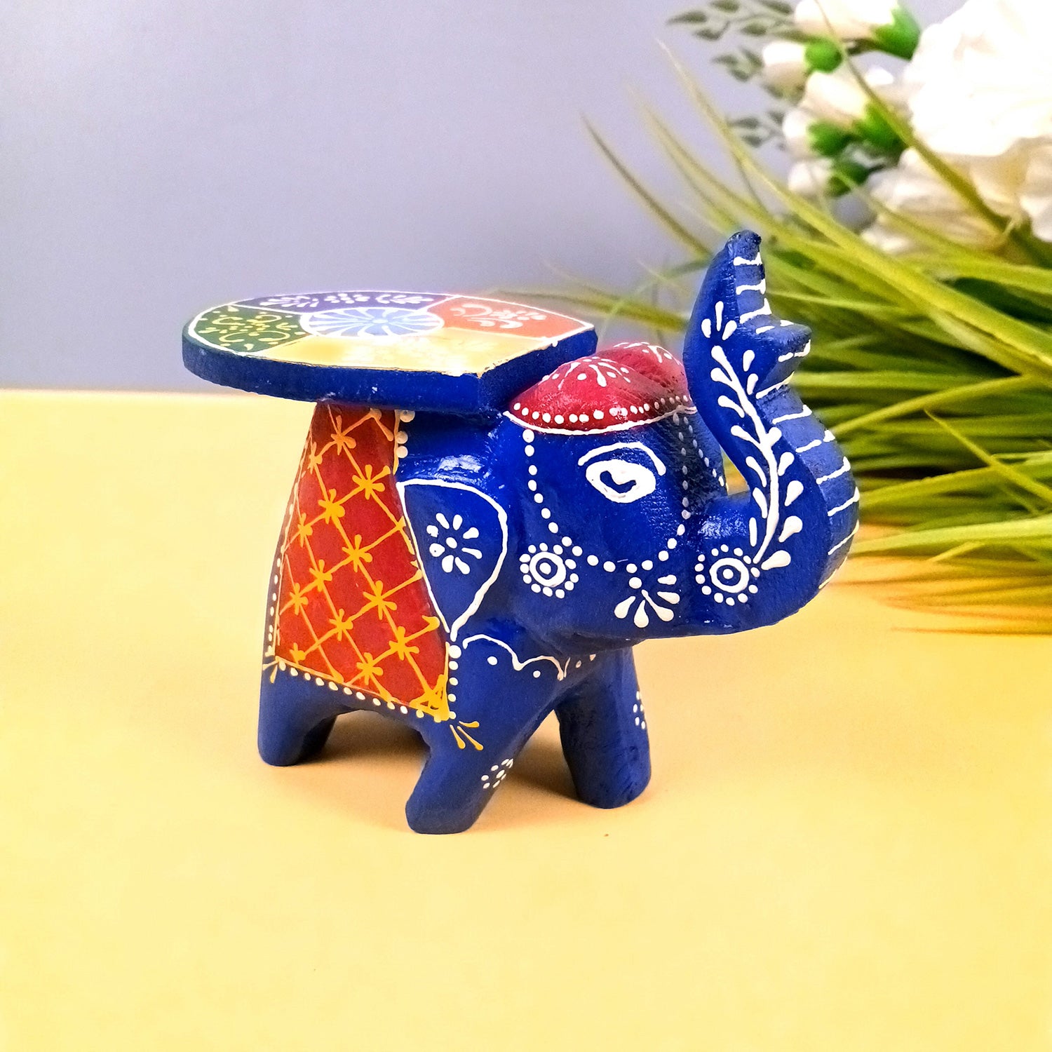 Elephant Showpiece | Elephant Table Showpiece - for Placing Small Pots & Tea Lights - for Home, Living Room Decor & Gifts - 4 Inch (Blue, Wood) - Apkamart #Style_Pack Of 1