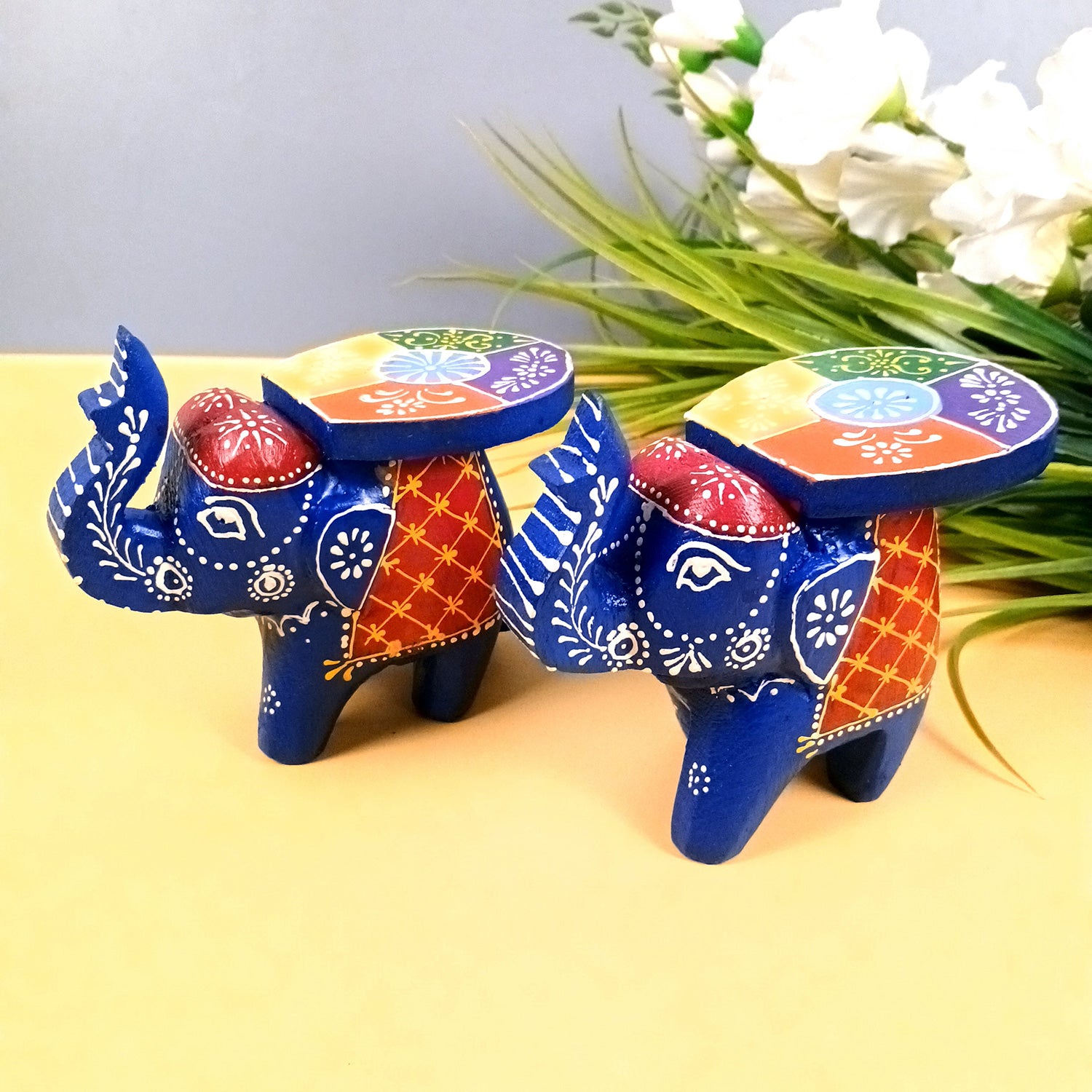 Elephant Showpiece | Elephant Table Showpiece - for Placing Small Pots & Tea Lights - for Home, Living Room Decor & Gifts - 4 Inch (Blue, Wood) - Apkamart #Style_Pack Of 2