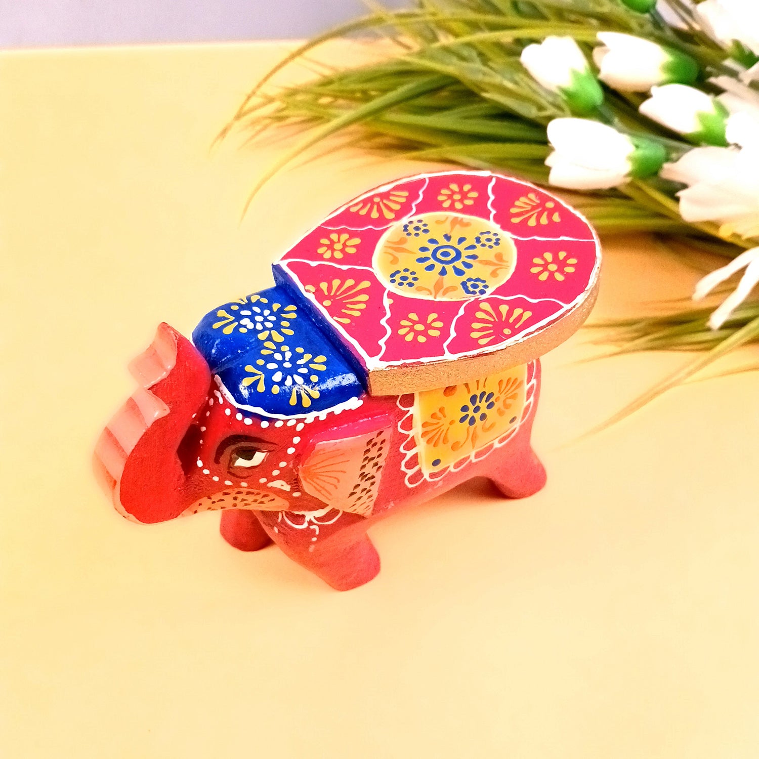 Elephant Showpiece | Elephant Table Showpiece - for Placing Small Pots & Tea Lights - for Home, Living Room Decor & Gifts - 5 Inch (Red, Wood) - Apkamart #Style_Design 1 (Pack Of 1)