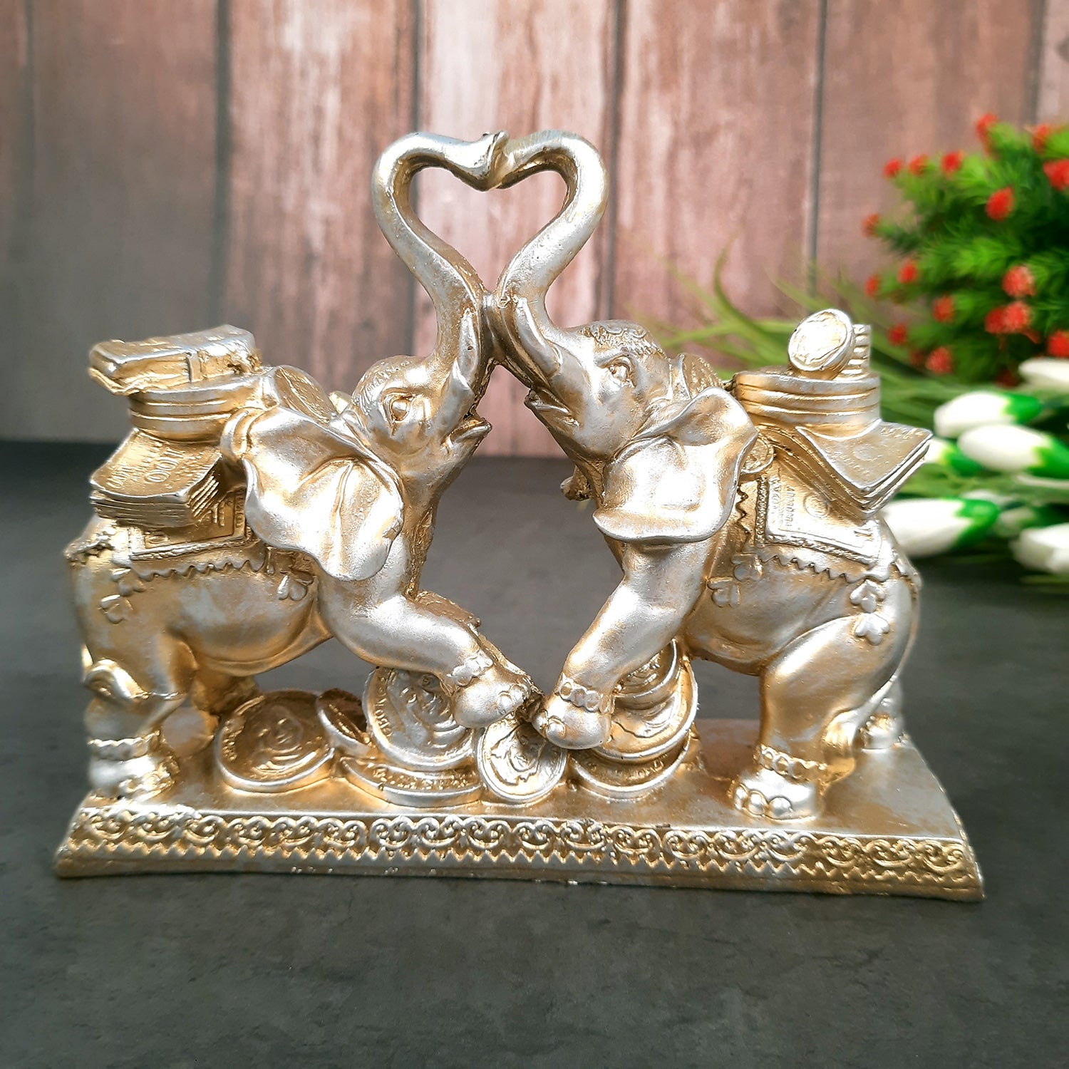 Elephant Statue Showpiece | Fengshui Trunk Up Elephant Figurine With Money & Gold Coins - For Vastu, Good Fortune, Wealth, Strength | For Home Decor, Living Room, Office & Gift - 7 inch - Apkamart #Colour_Silver