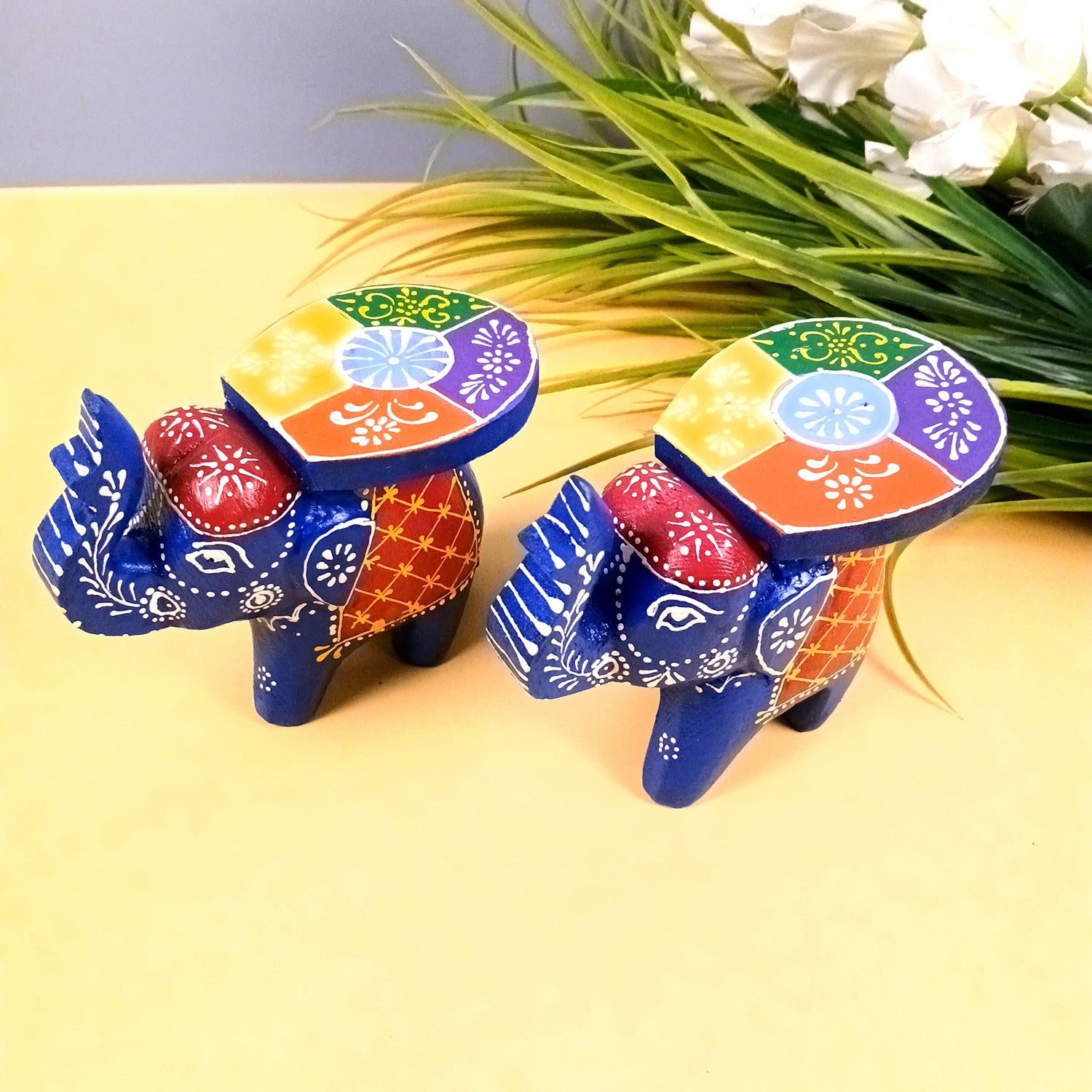 Elephant Showpiece | Elephant Table Showpiece - for Placing Small Pots & Tea Lights - for Home, Living Room Decor & Gifts - 4 Inch (Blue, Wood) - Apkamart #Style_Pack Of 2