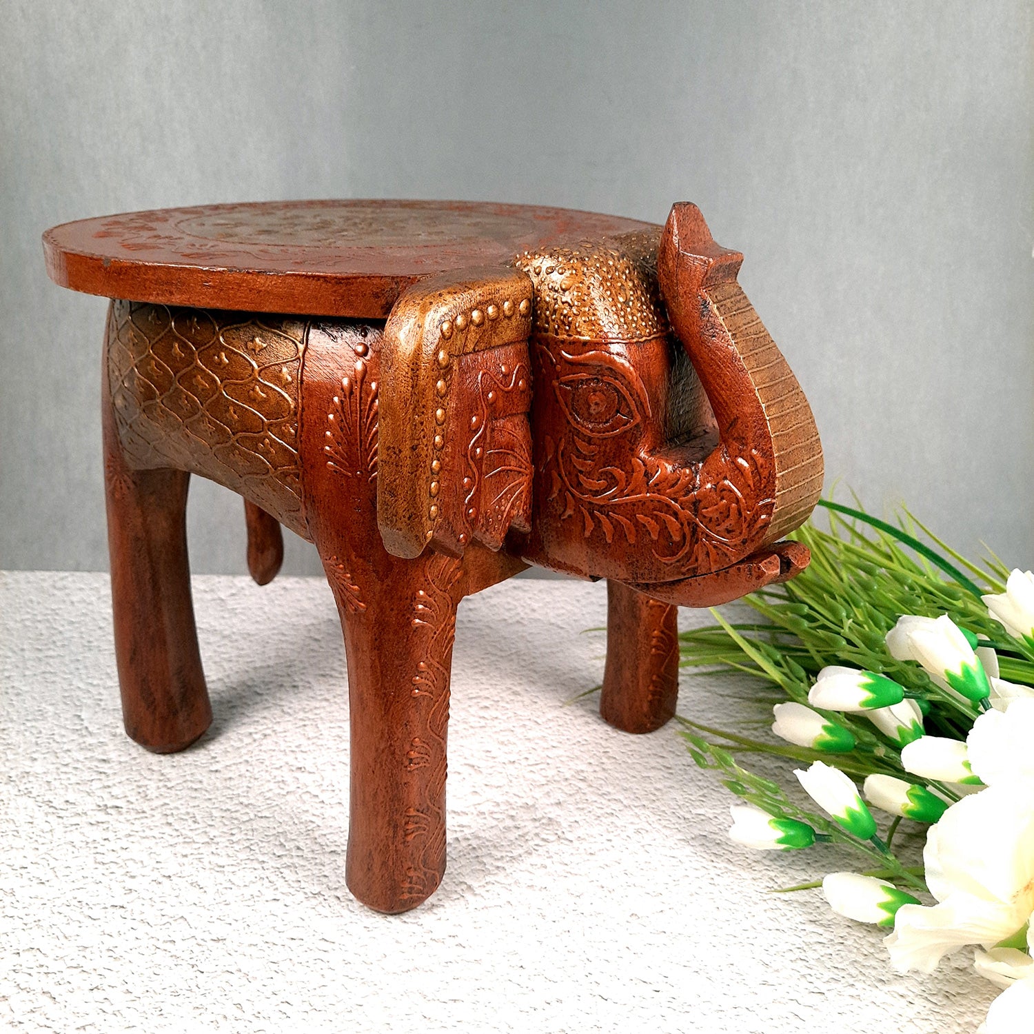 Side Table Cum Stool - Elephant Design | Wooden Stools for Keeping Lamp, Vases & Plants - for Home Decor, Corners, Sofa Side Stool, Office & Gifts - 12 Inch - Apkamart