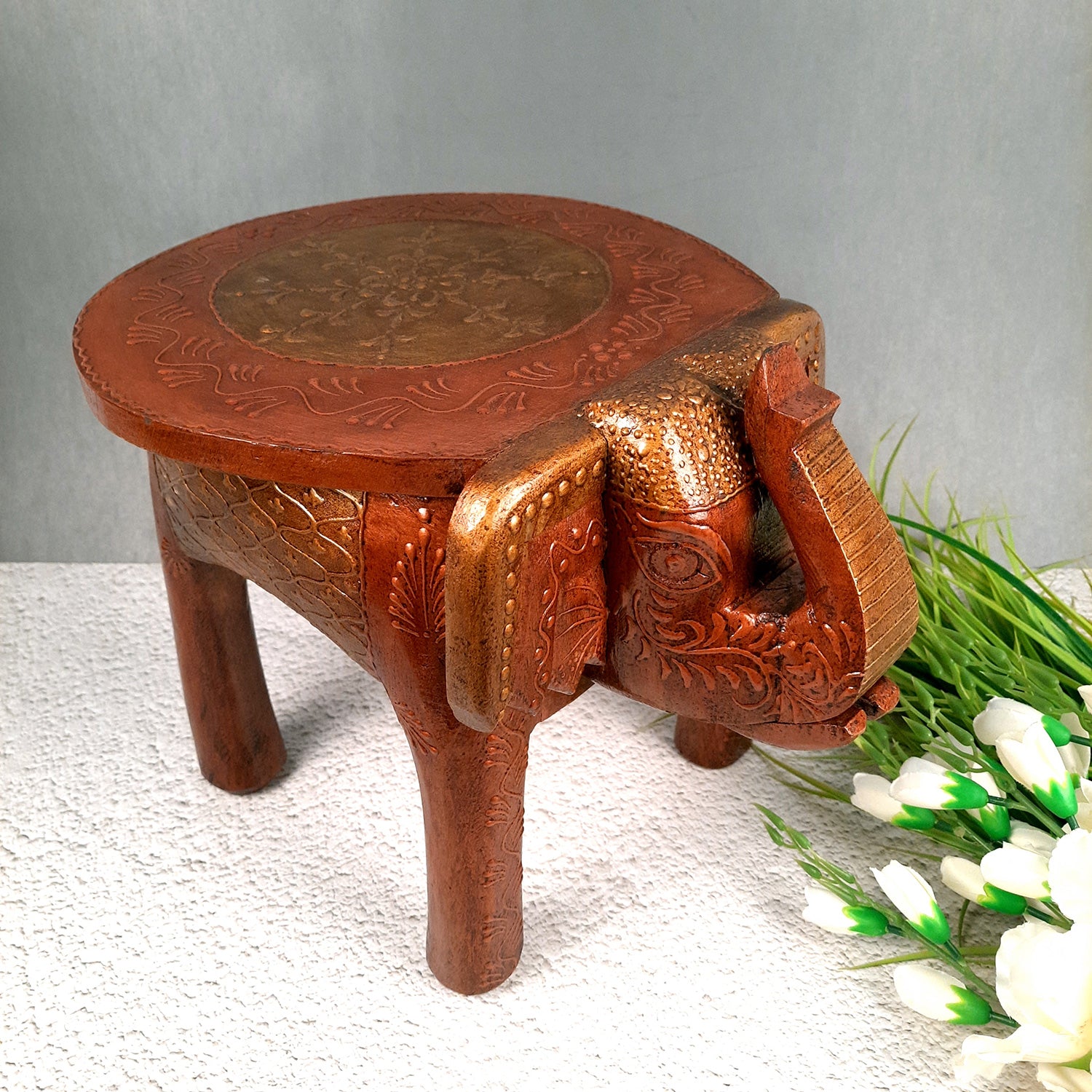 Side Table Cum Stool - Elephant Design | Wooden Stools for Keeping Lamp, Vases & Plants - for Home Decor, Corners, Sofa Side Stool, Office & Gifts - 12 Inch - Apkamart