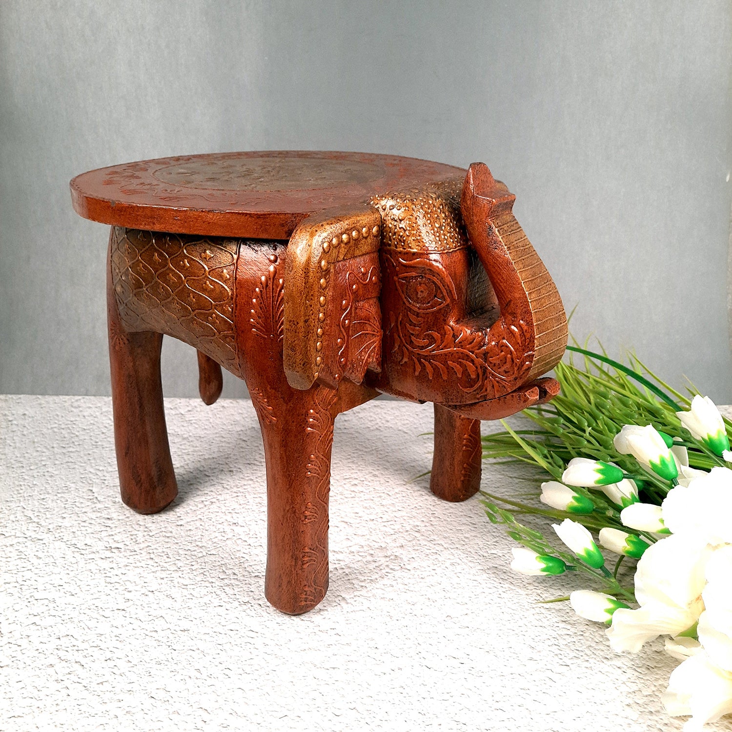 Side Table Cum Stool - Elephant Design | Wooden Stools for Keeping Lamp, Vases & Plants - for Home Decor, Corners, Sofa Side Stool, Office & Gifts - 12 Inch - Apkamart