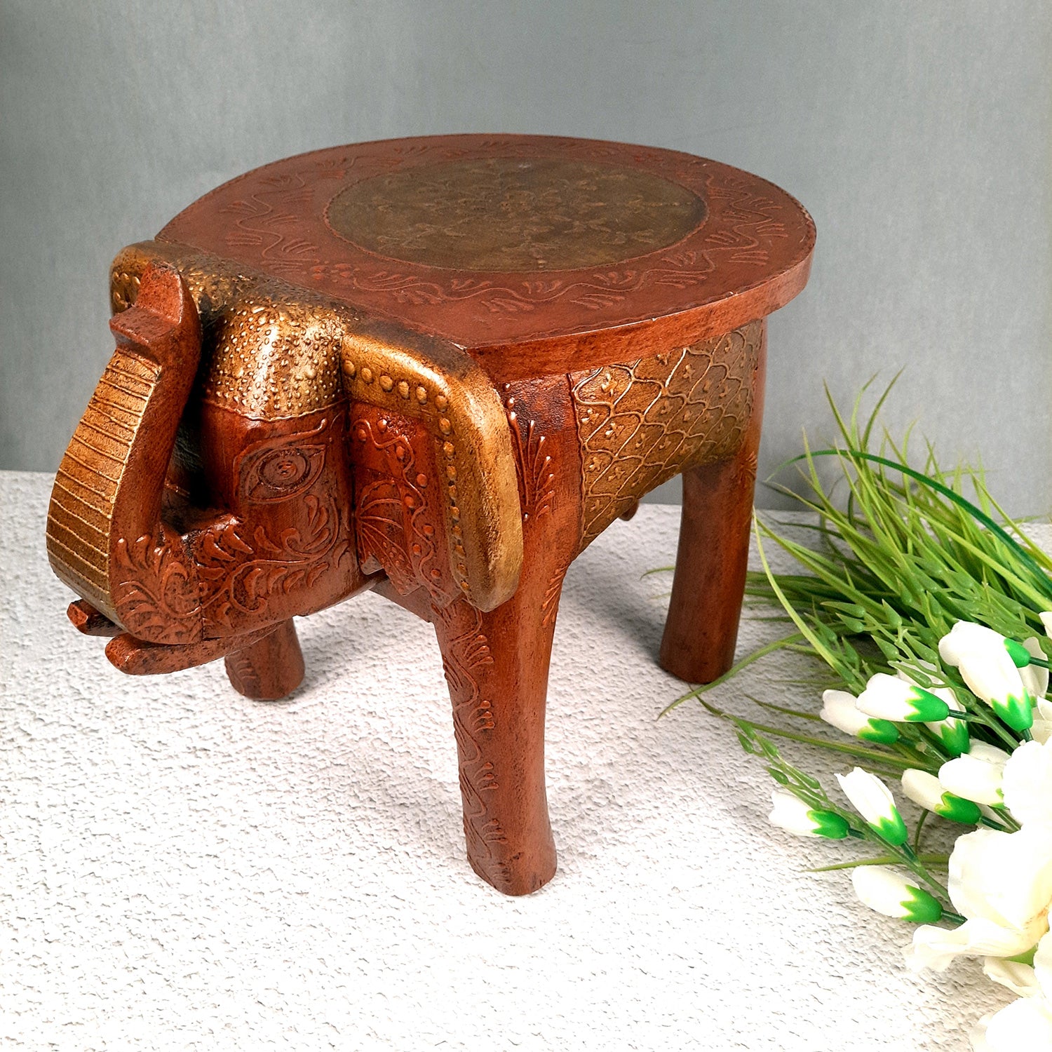 Side Table Cum Stool - Elephant Design | Wooden Stools for Keeping Lamp, Vases & Plants - for Home Decor, Corners, Sofa Side Stool, Office & Gifts - 12 Inch - Apkamart
