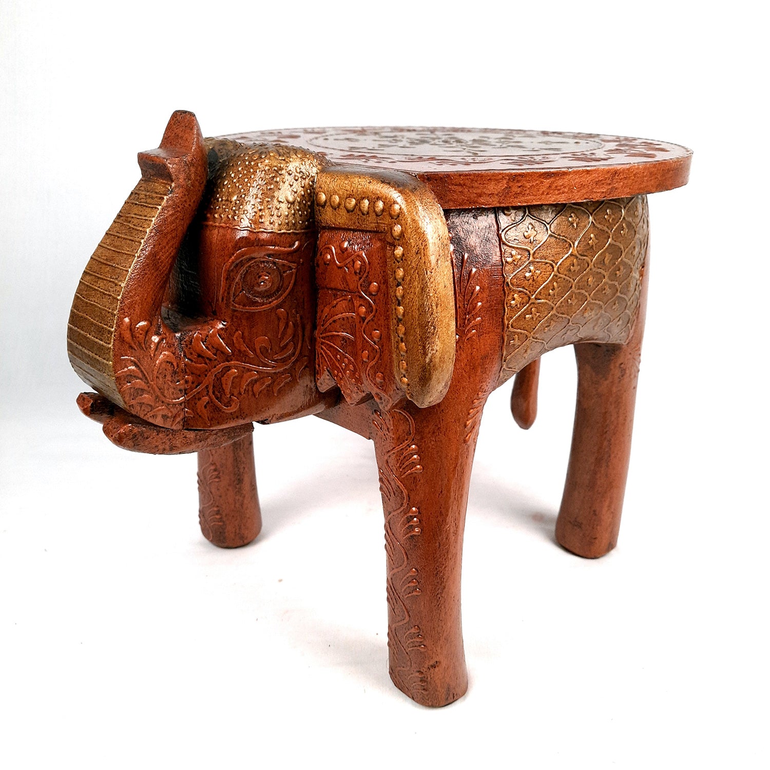 Side Table Cum Stool - Elephant Design | Wooden Stools for Keeping Lamp, Vases & Plants - for Home Decor, Corners, Sofa Side Stool, Office & Gifts - 12 Inch - Apkamart