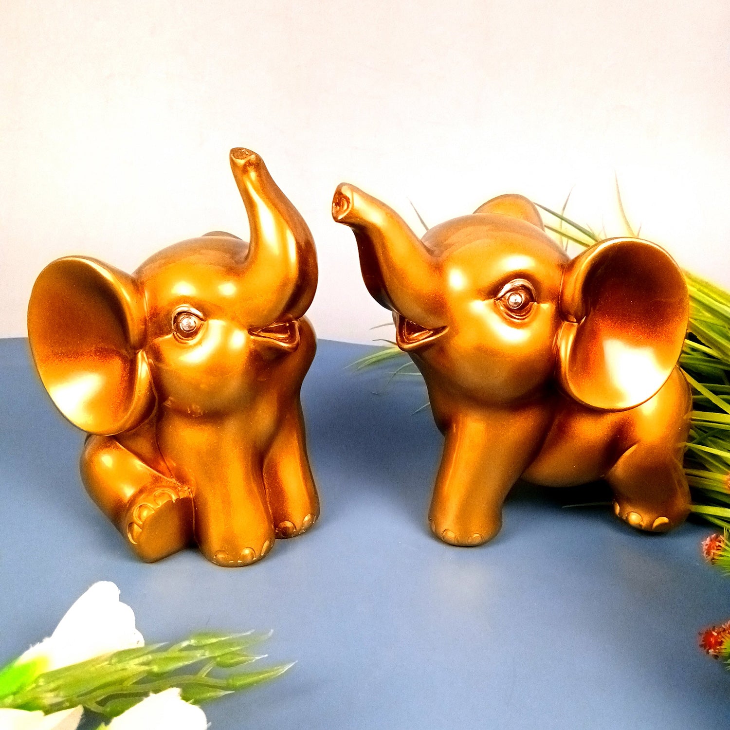 Elephant Statue Showpiece Set | Cute Elephant Figurines - Trunk Up for Vastu & Good Luck - for Home Décor, Living Room, Office Desk & Gifts - 12 Inch (Resin, Golden) - Apkamart #Style_Pack Of 2