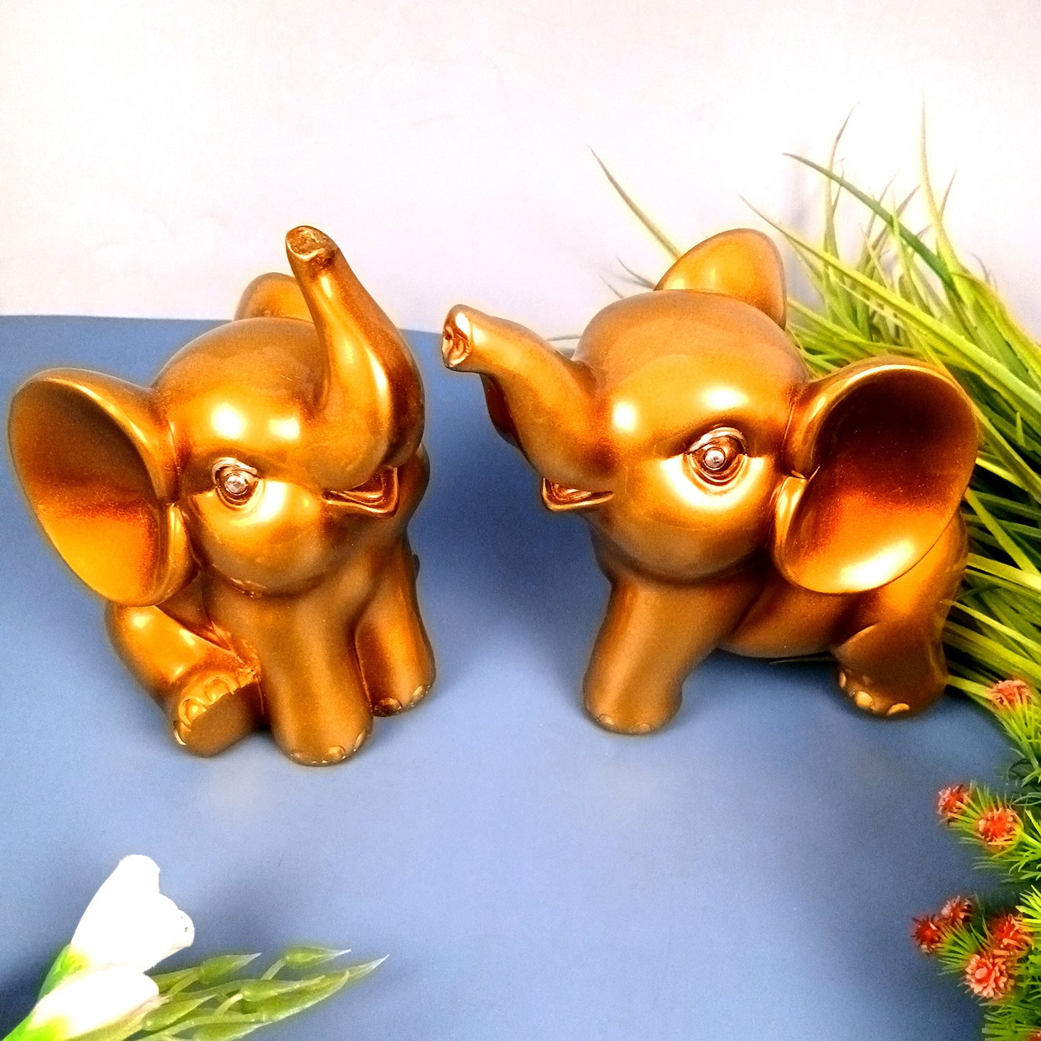 Elephant Statue Showpiece Set | Cute Elephant Figurines - Trunk Up for Vastu & Good Luck - for Home Décor, Living Room, Office Desk & Gifts - 12 Inch (Resin, Golden) - Apkamart #Style_Pack Of 2