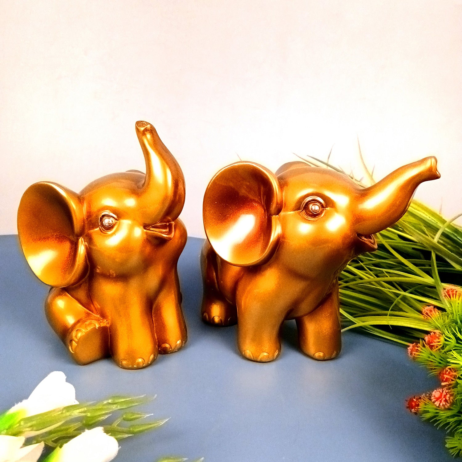 Elephant Statue Showpiece Set | Cute Elephant Figurines - Trunk Up for Vastu & Good Luck - for Home Décor, Living Room, Office Desk & Gifts - 12 Inch (Resin, Golden) - Apkamart #Style_Pack Of 2