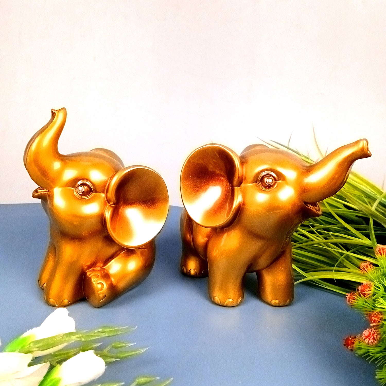 Elephant Statue Showpiece Set | Cute Elephant Figurines - Trunk Up for Vastu & Good Luck - for Home Décor, Living Room, Office Desk & Gifts - 12 Inch (Resin, Golden) - Apkamart #Style_Pack Of 2