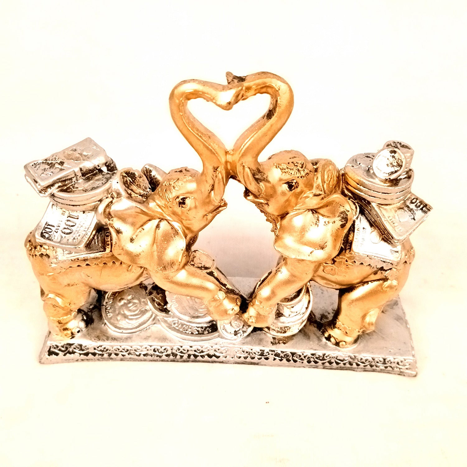 Elephant Statue Showpiece | Fengshui Trunk Up Elephant Figurine With Money & Gold Coins - For Vastu, Good Fortune, Wealth, Strength | For Home Decor, Living Room, Office & Gift - 7 inch - Apkamart #Colour_Golden