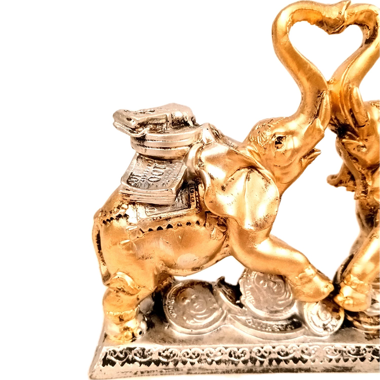 Elephant Statue Showpiece | Fengshui Trunk Up Elephant Figurine With Money & Gold Coins - For Vastu, Good Fortune, Wealth, Strength | For Home Decor, Living Room, Office & Gift - 7 inch - Apkamart #Colour_Golden