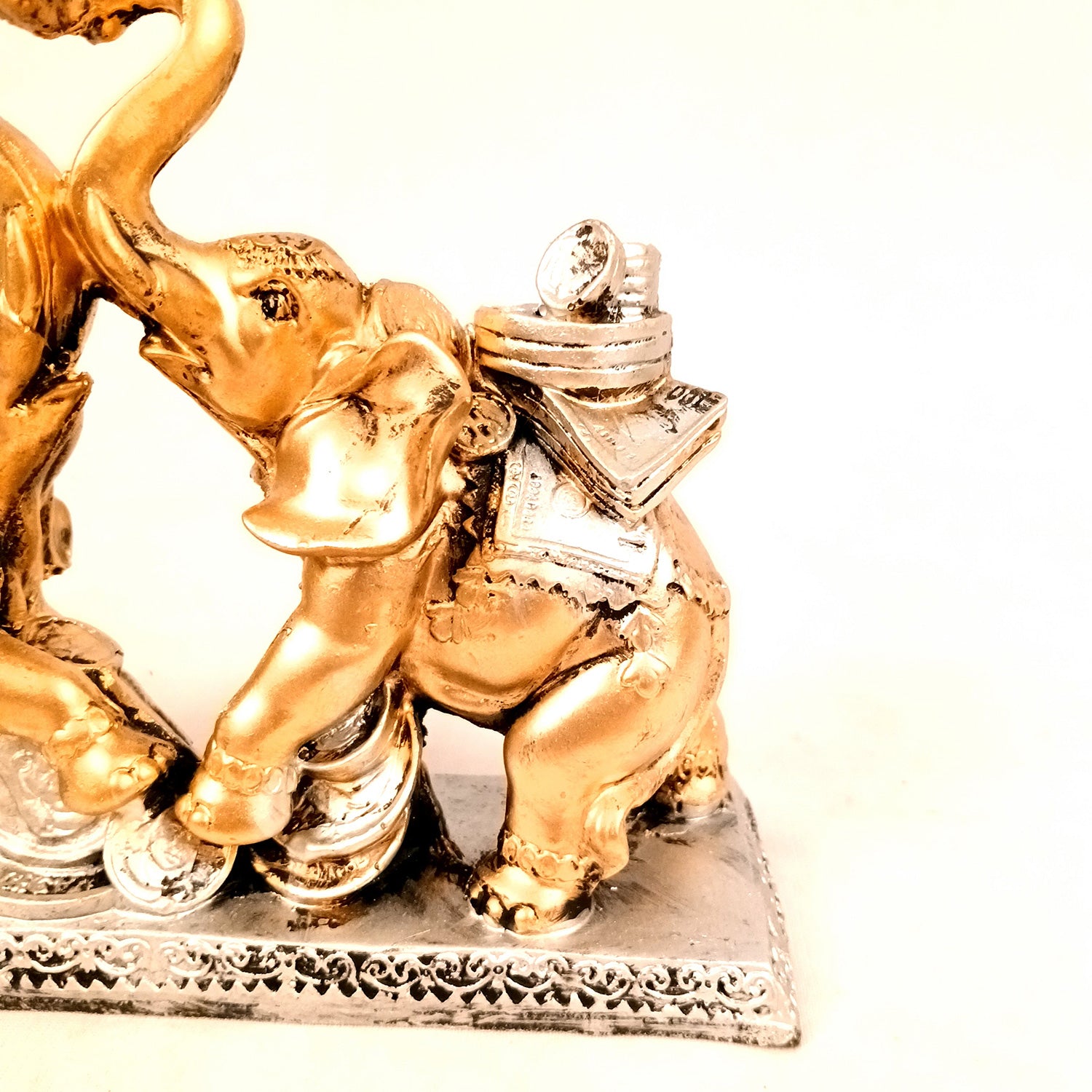 Elephant Statue Showpiece | Fengshui Trunk Up Elephant Figurine With Money & Gold Coins - For Vastu, Good Fortune, Wealth, Strength | For Home Decor, Living Room, Office & Gift - 7 inch - Apkamart #Colour_Golden