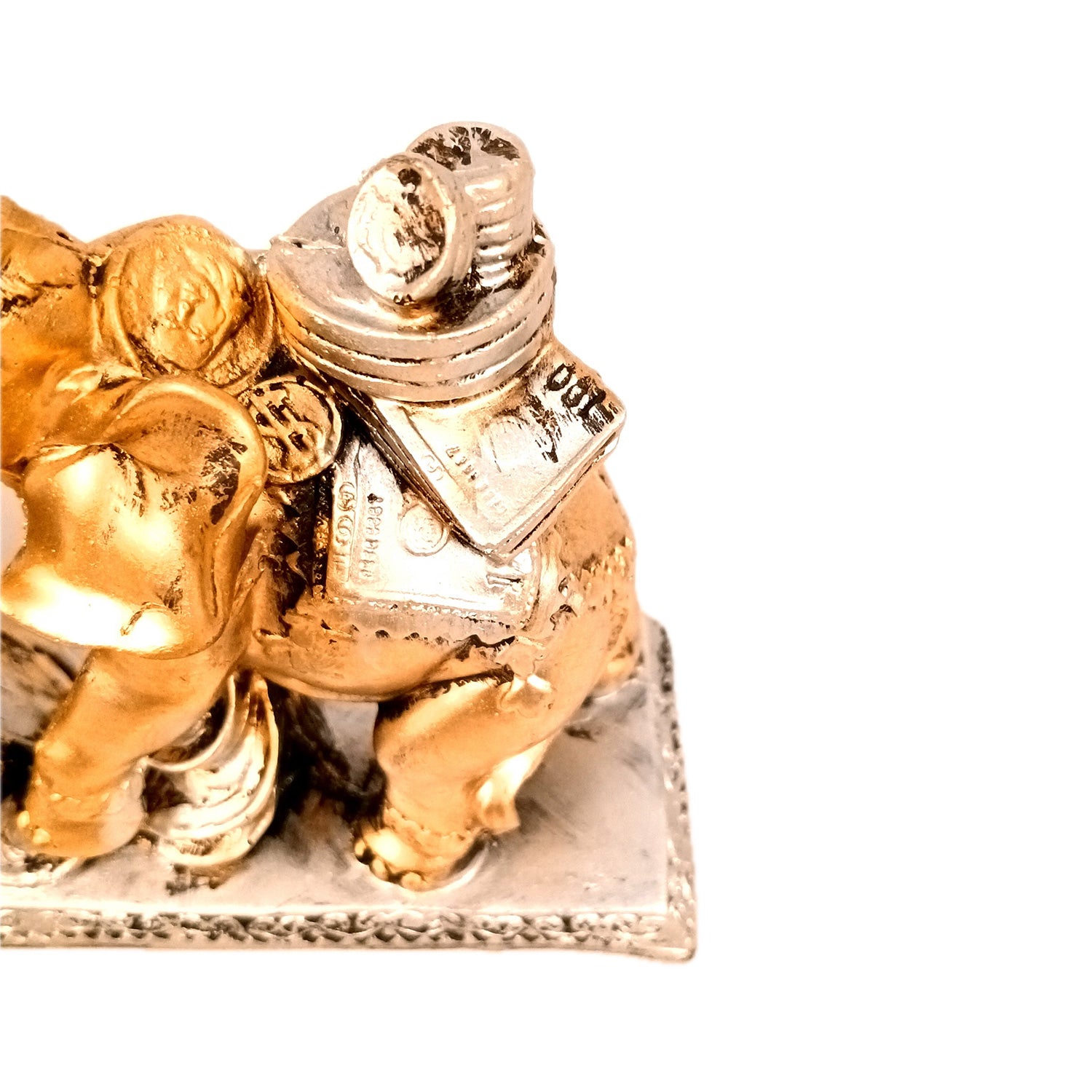 Elephant Statue Showpiece | Fengshui Trunk Up Elephant Figurine With Money & Gold Coins - For Vastu, Good Fortune, Wealth, Strength | For Home Decor, Living Room, Office & Gift - 7 inch - Apkamart #Colour_Golden