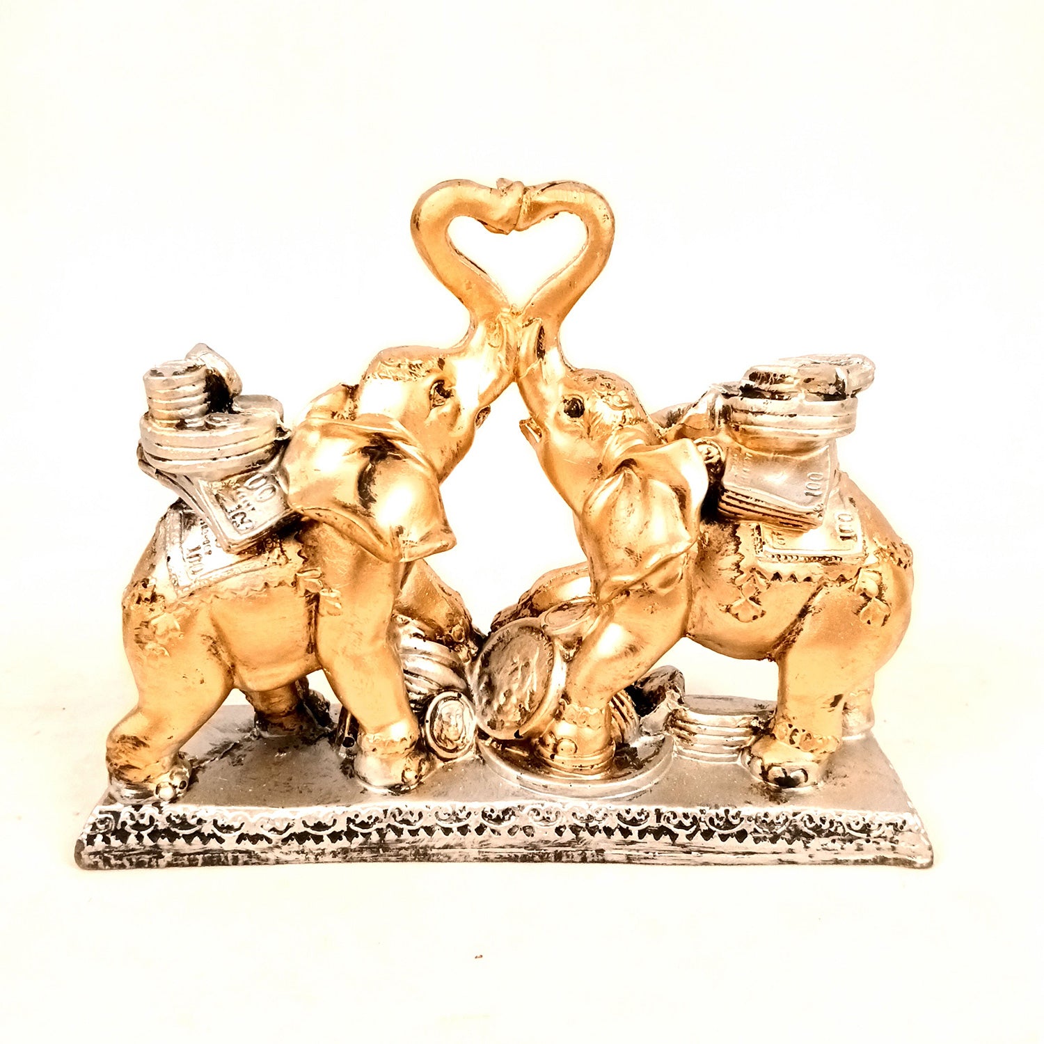 Elephant Statue Showpiece | Fengshui Trunk Up Elephant Figurine With Money & Gold Coins - For Vastu, Good Fortune, Wealth, Strength | For Home Decor, Living Room, Office & Gift - 7 inch - Apkamart #Colour_Golden