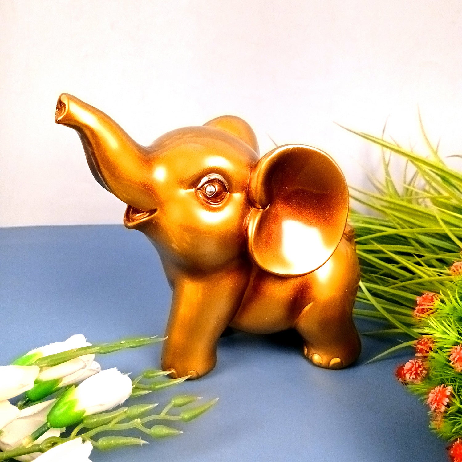 Elephant Statue Showpiece Set | Cute Elephant Figurines - Trunk Up for Vastu & Good Luck - for Home Décor, Living Room, Office Desk & Gifts - 12 Inch (Resin, Golden) - Apkamart #Style_Design 2