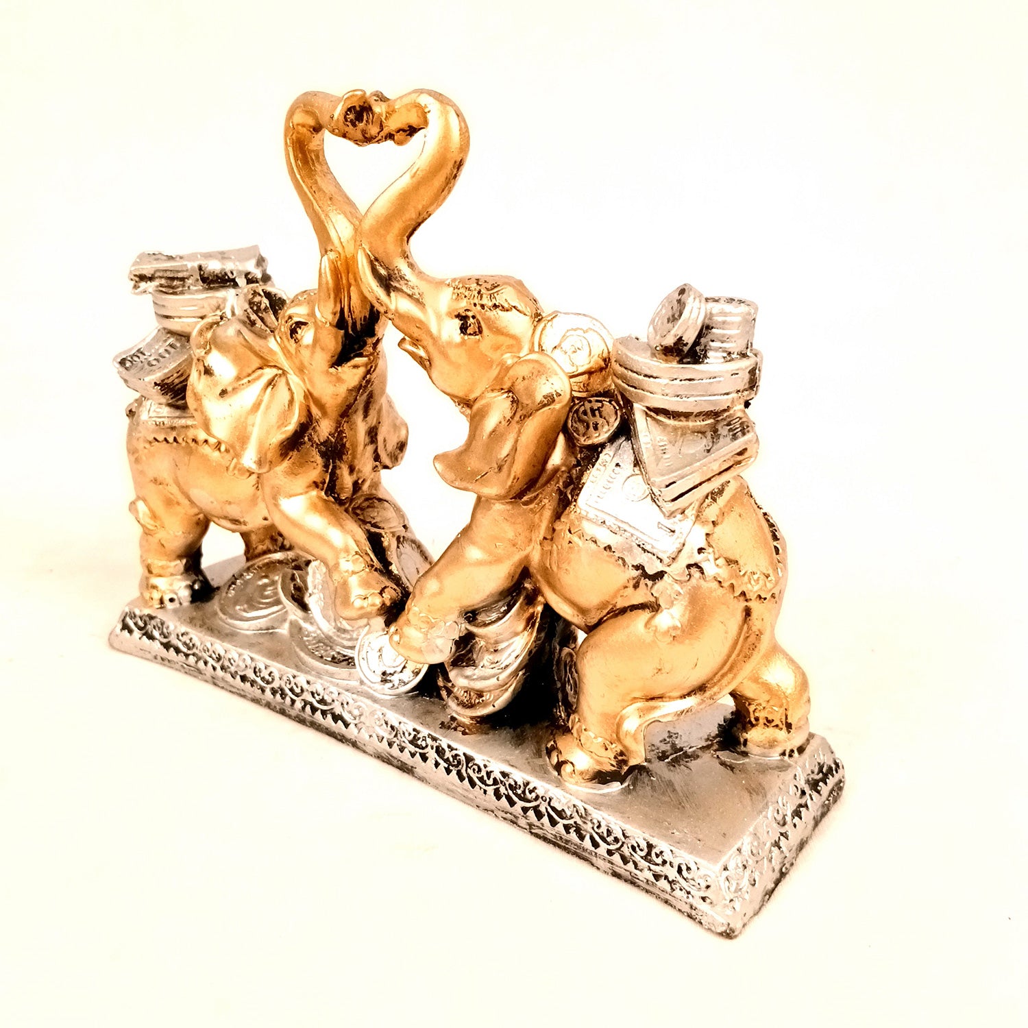 Elephant Statue Showpiece | Fengshui Trunk Up Elephant Figurine With Money & Gold Coins - For Vastu, Good Fortune, Wealth, Strength | For Home Decor, Living Room, Office & Gift - 7 inch - Apkamart #Colour_Golden