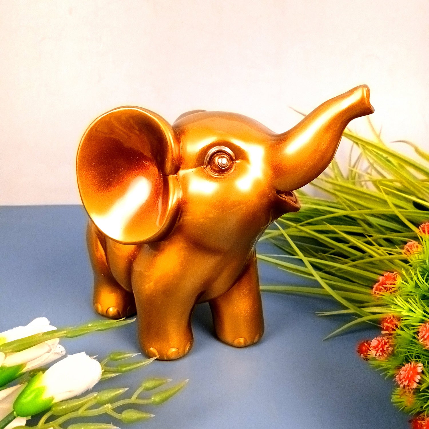Elephant Statue Showpiece Set | Cute Elephant Figurines - Trunk Up for Vastu & Good Luck - for Home Décor, Living Room, Office Desk & Gifts - 12 Inch (Resin, Golden) - Apkamart #Style_Design 2