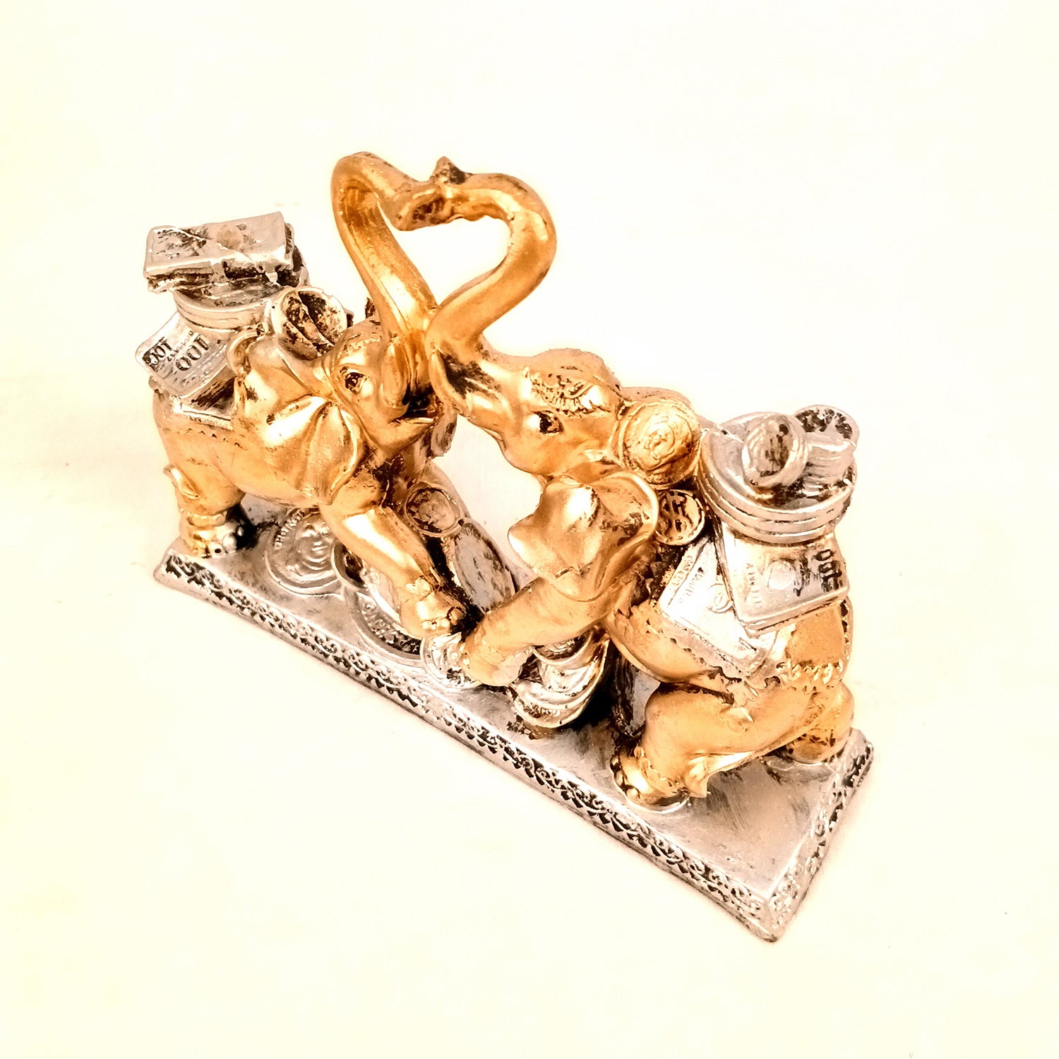 Elephant Statue Showpiece | Fengshui Trunk Up Elephant Figurine With Money & Gold Coins - For Vastu, Good Fortune, Wealth, Strength | For Home Decor, Living Room, Office & Gift - 7 inch - Apkamart #Colour_Golden