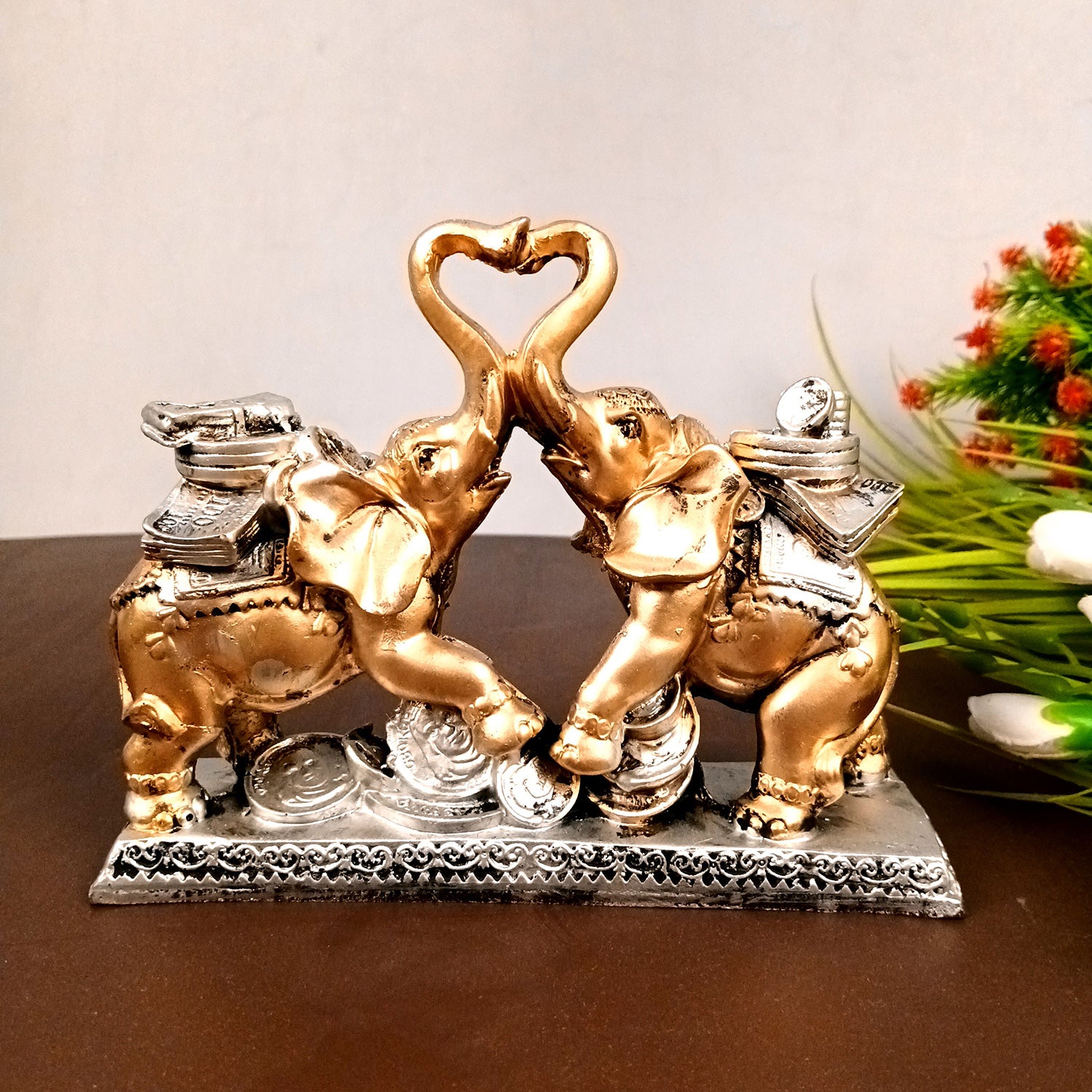 Elephant Statue Showpiece | Fengshui Trunk Up Elephant Figurine With Money & Gold Coins - For Vastu, Good Fortune, Wealth, Strength | For Home Decor, Living Room, Office & Gift - 7 inch - Apkamart #Colour_Golden