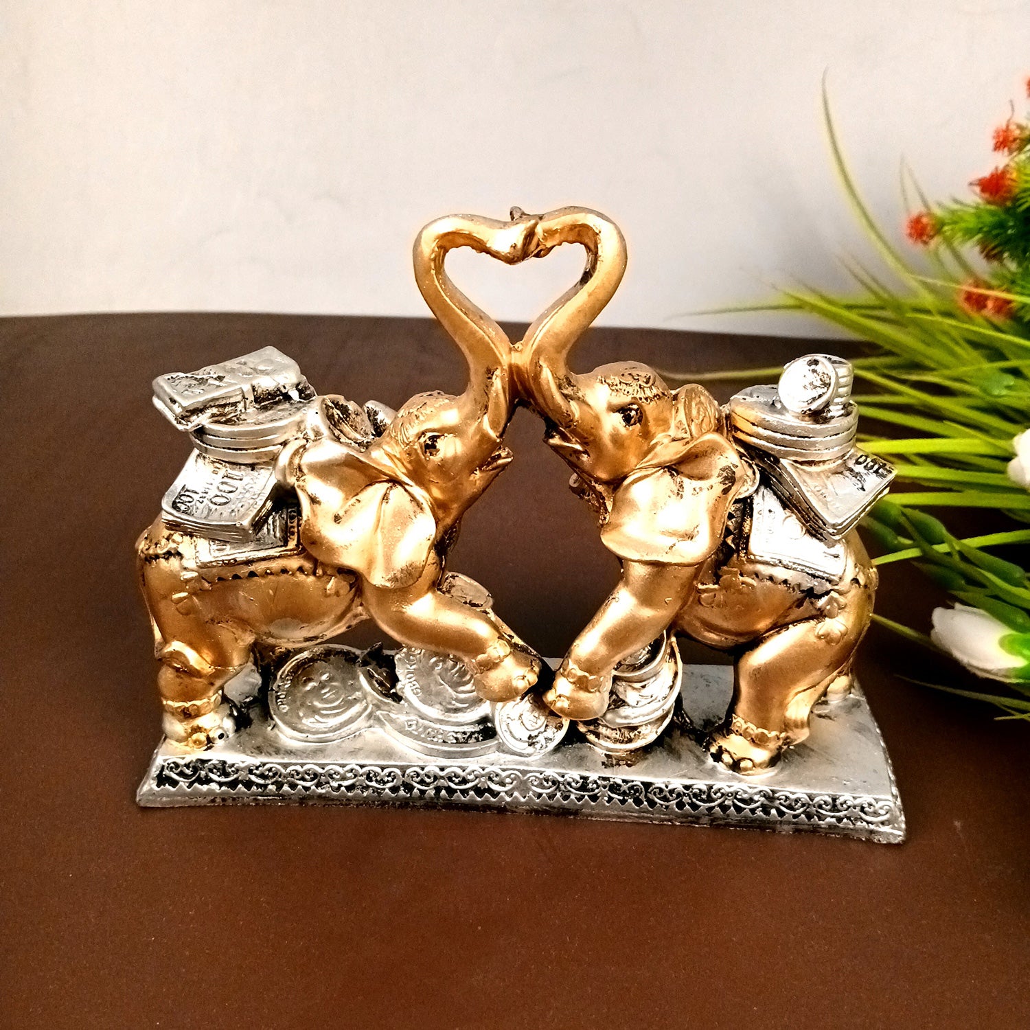 Elephant Statue Showpiece | Fengshui Trunk Up Elephant Figurine With Money & Gold Coins - For Vastu, Good Fortune, Wealth, Strength | For Home Decor, Living Room, Office & Gift - 7 inch - Apkamart #Colour_Golden