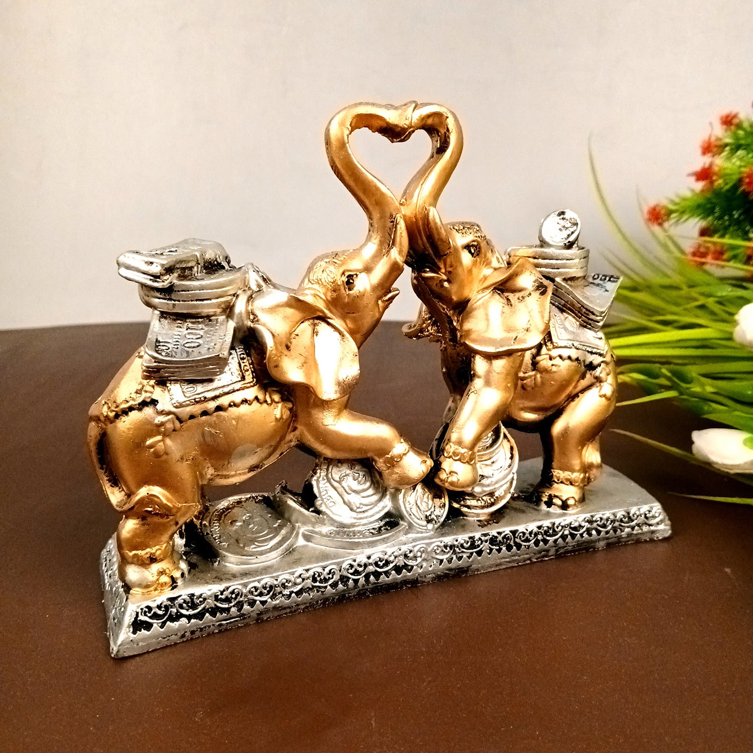 Elephant Statue Showpiece | Fengshui Trunk Up Elephant Figurine With Money & Gold Coins - For Vastu, Good Fortune, Wealth, Strength | For Home Decor, Living Room, Office & Gift - 7 inch - Apkamart #Colour_Golden