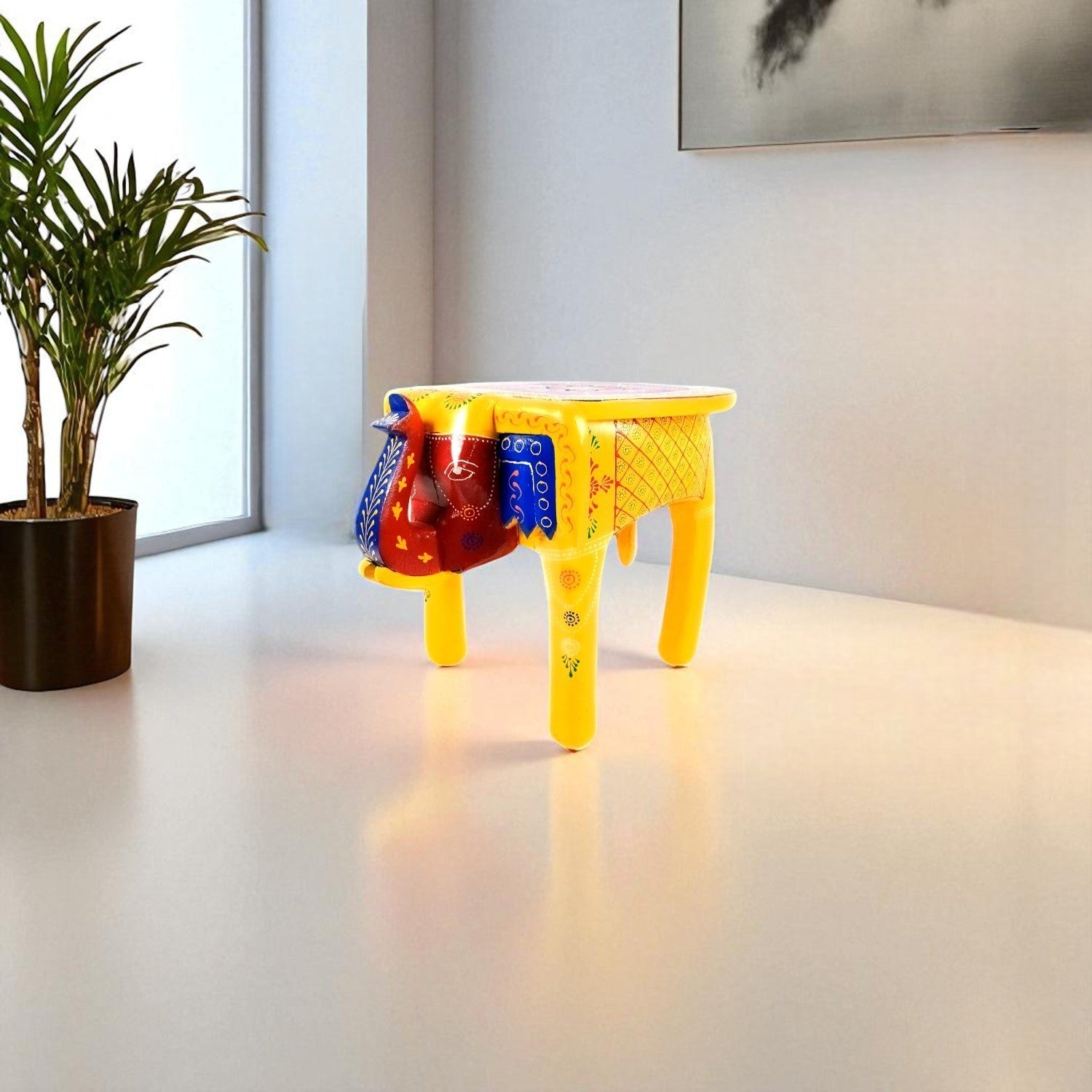 Wooden Elephant Mouth Shape Stool | Decorative Wooden Stool for Living Room, Bedroom | Handcrafted Wood Side Table | Elephant Stool for Home Decor - 15 Inch - Apkamart