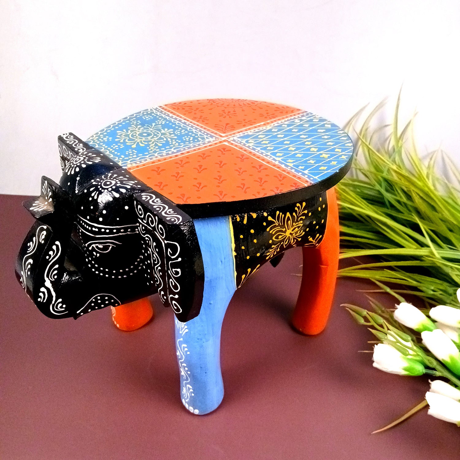 Wooden Stool - Elephant Design | Elephant Table - For Placing Small Pots & Tea Lights - For Home, Living Room Decor & Gifts - 11 Inch - Apkamart #Style_Design 1