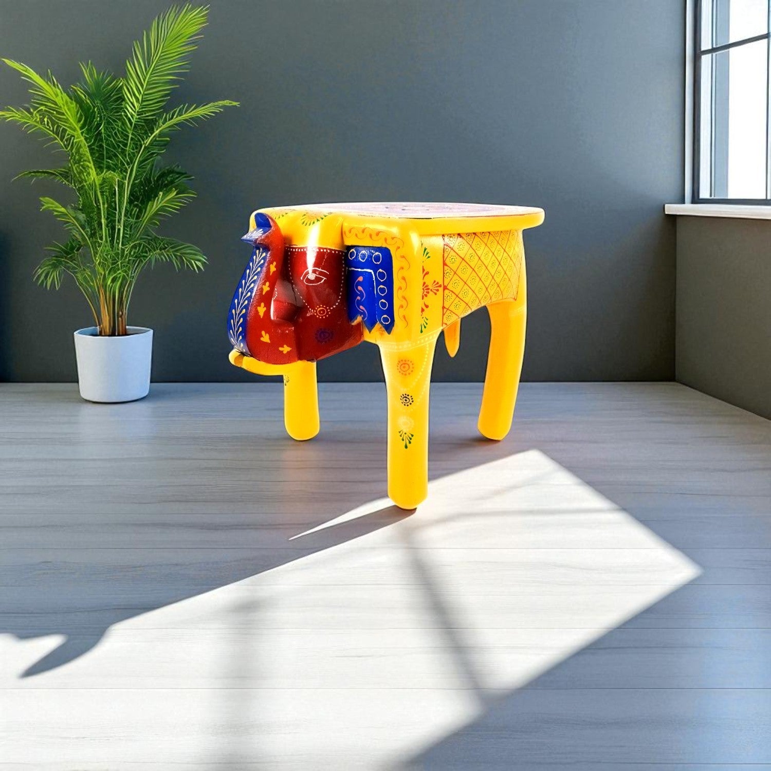 Wooden Elephant Mouth Shape Stool | Decorative Wooden Stool for Living Room, Bedroom | Handcrafted Wood Side Table | Elephant Stool for Home Decor - 15 Inch - Apkamart