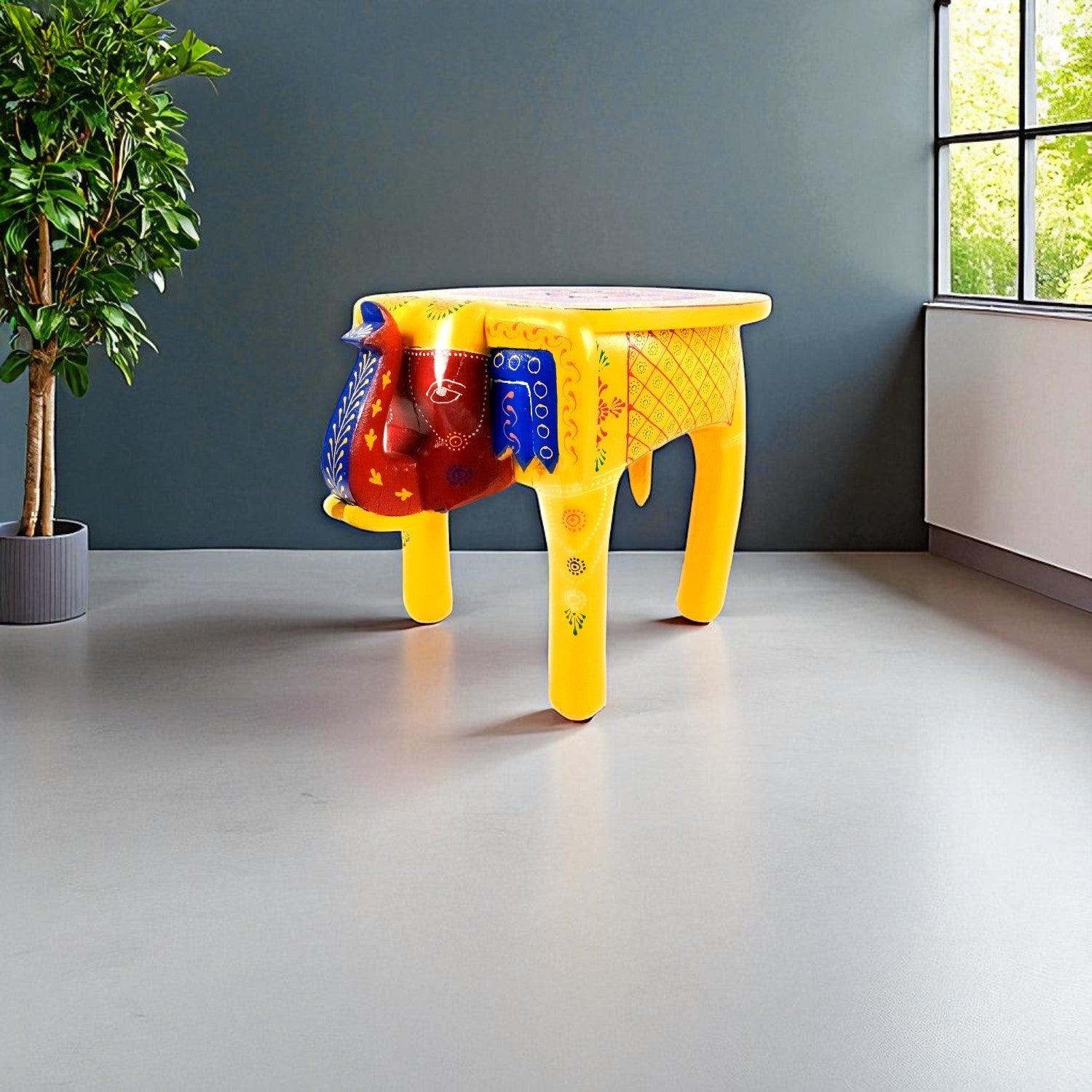 Wooden Elephant Mouth Shape Stool | Decorative Wooden Stool for Living Room, Bedroom | Handcrafted Wood Side Table | Elephant Stool for Home Decor - 15 Inch - Apkamart