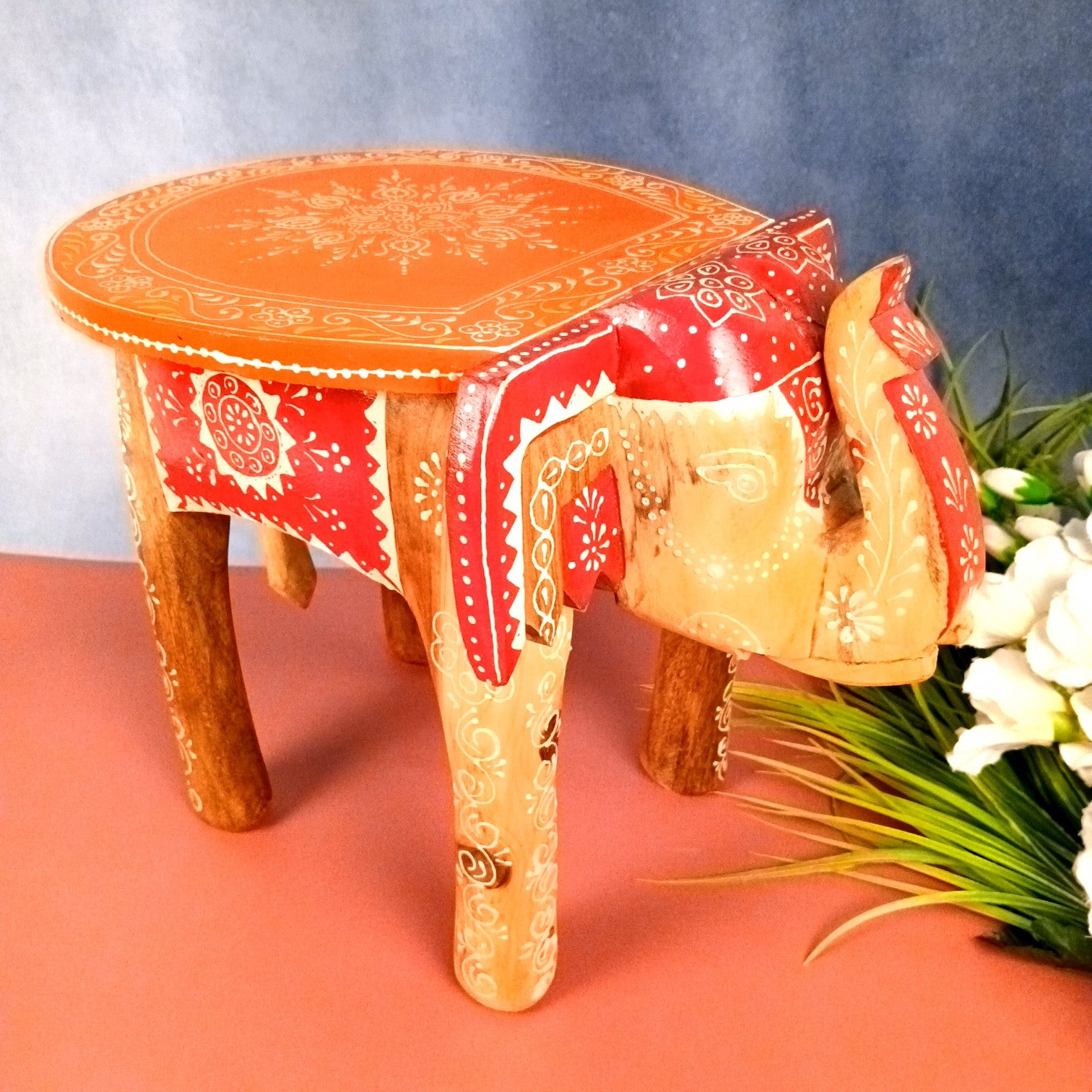 Elephant Stool | Wooden Decorative Stool for Home Decor | Traditional Handcrafted Side Table, Plant Stand & Showpiece for Living Room, Bedroom & Office - 12 Inch - Apkamart