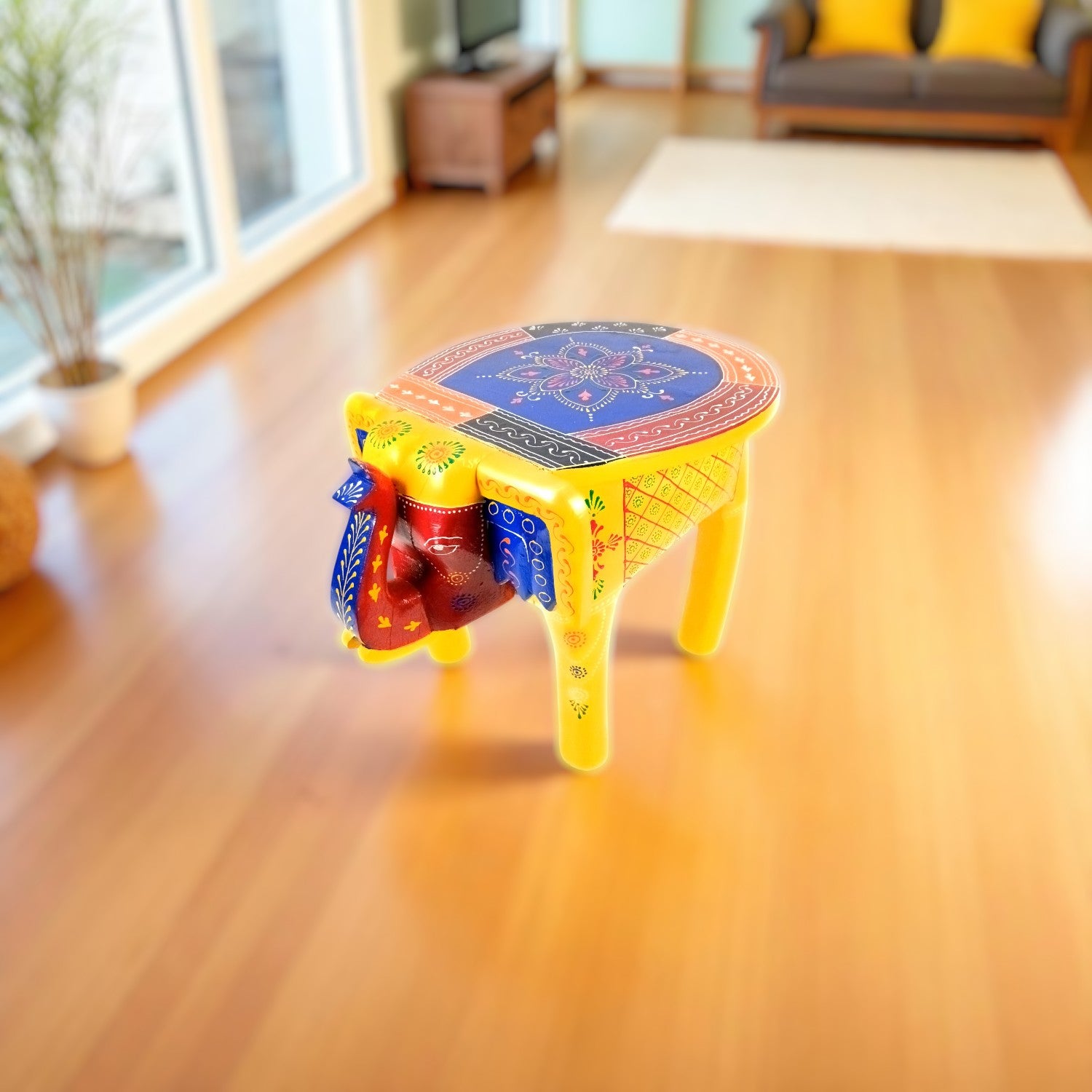 Wooden Elephant Mouth Shape Stool | Decorative Wooden Stool for Living Room, Bedroom | Handcrafted Wood Side Table | Elephant Stool for Home Decor - 15 Inch - Apkamart