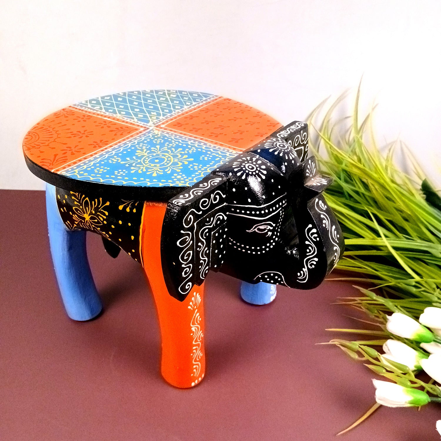 Wooden Stool - Elephant Design | Elephant Table - For Placing Small Pots & Tea Lights - For Home, Living Room Decor & Gifts - 11 Inch - Apkamart #Style_Design 1