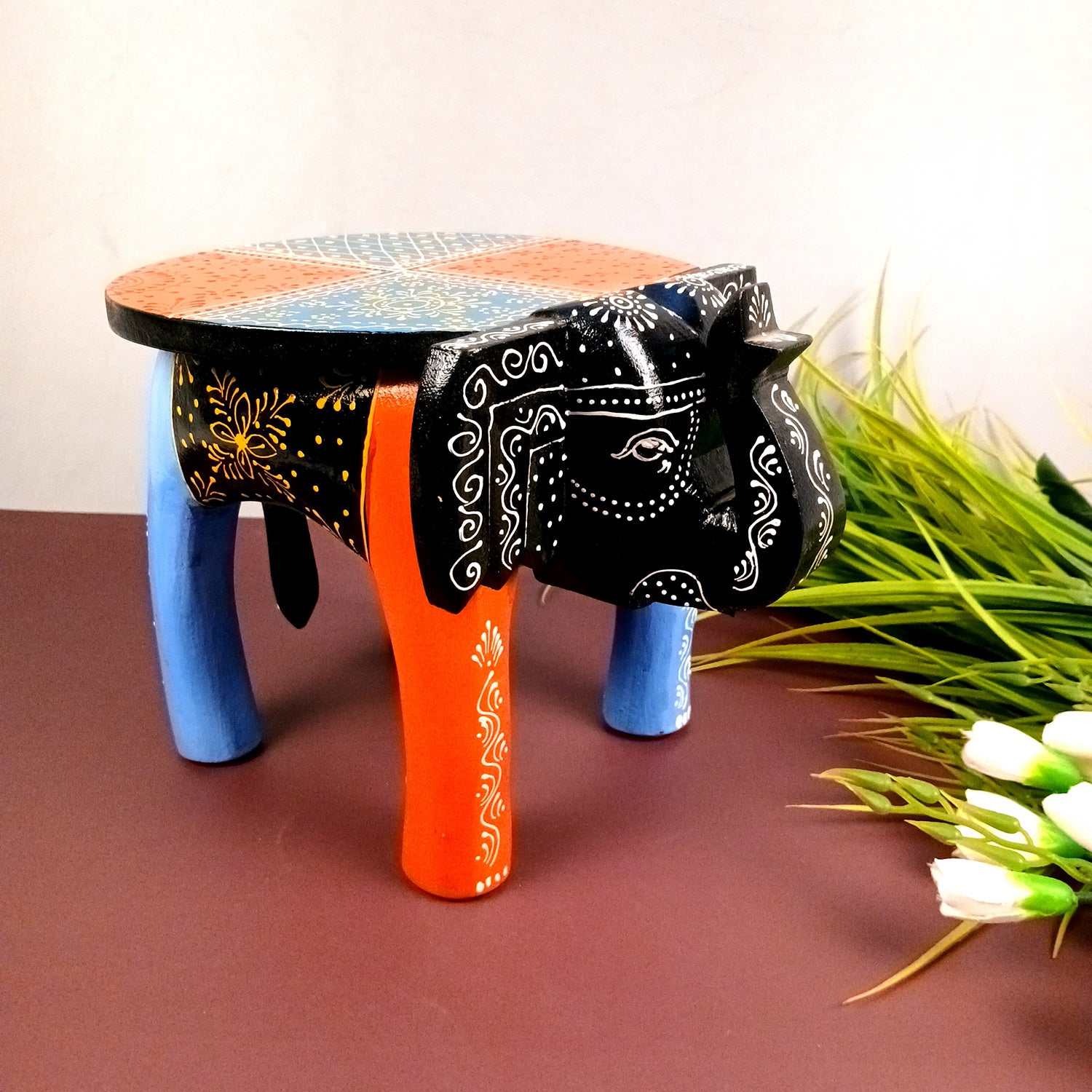 Wooden Stool - Elephant Design | Elephant Table - For Placing Small Pots & Tea Lights - For Home, Living Room Decor & Gifts - 11 Inch - Apkamart #Style_Design 1