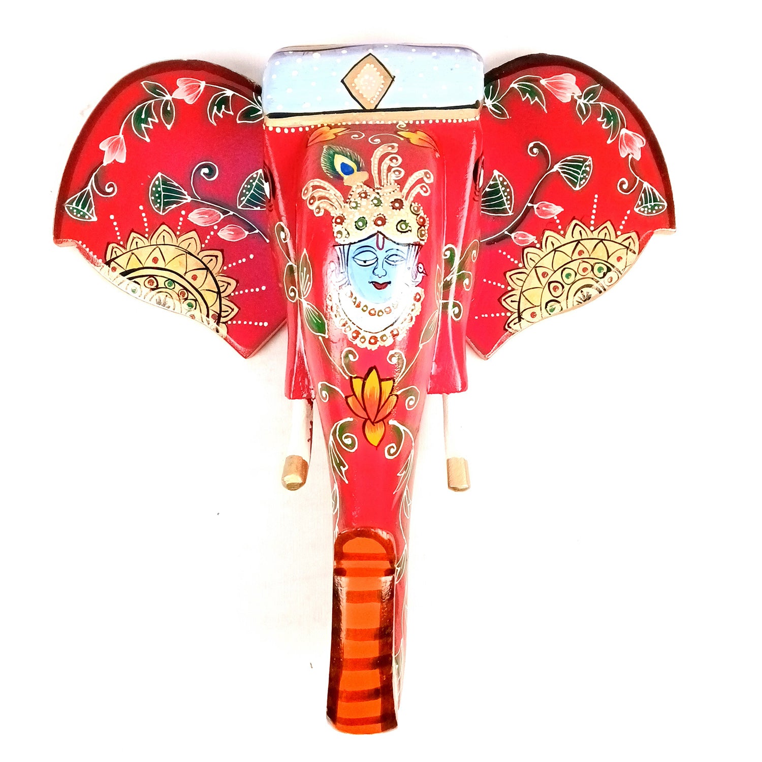 Elephant Wall Hanging With Krishna Face | Wooden Elephant Head Wall Mask Decor - For Home, Vastu, Office, Living Room Decor & Gifts - 14 Inch - Apkamart