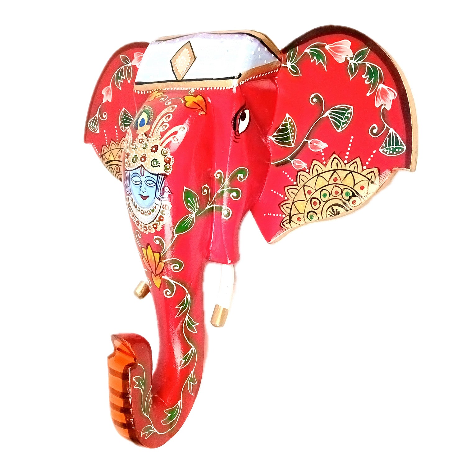 Elephant Wall Hanging With Krishna Face | Wooden Elephant Head Wall Mask Decor - For Home, Vastu, Office, Living Room Decor & Gifts - 14 Inch - Apkamart