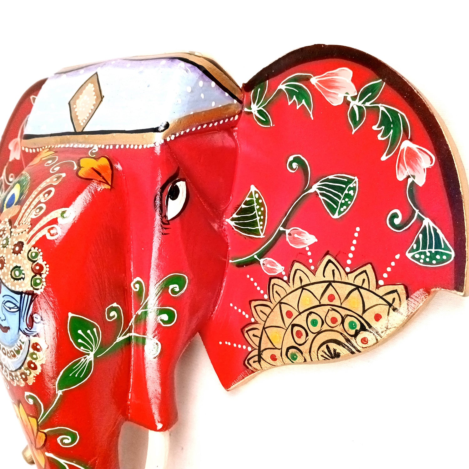 Elephant Wall Hanging With Krishna Face | Wooden Elephant Head Wall Mask Decor - For Home, Vastu, Office, Living Room Decor & Gifts - 14 Inch - Apkamart