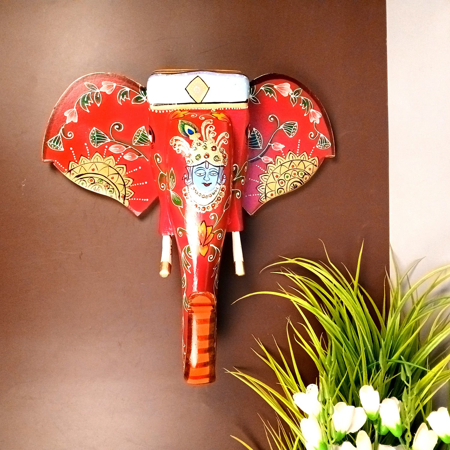 Elephant Wall Hanging With Krishna Face | Wooden Elephant Head Wall Mask Decor - For Home, Vastu, Office, Living Room Decor & Gifts - 14 Inch - Apkamart