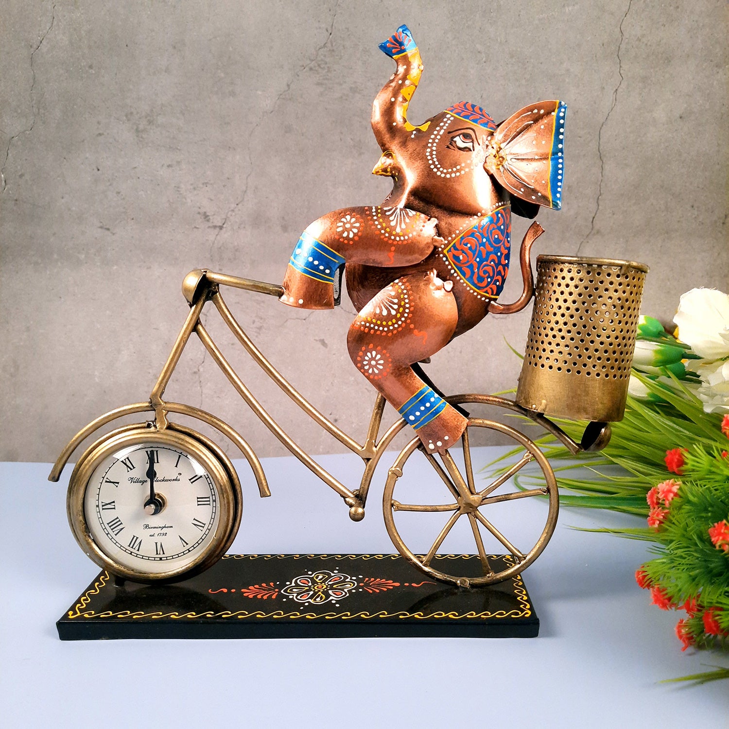 Pen Holder Cum Desk Clock | Elephant on Cycle Decorative Showpiece | Multipurpose Holders Stand - For Stationary Gifts, Table, Desk Organizing, Home, Office Decor & Corporate Gifts - 12 Inch - apkamart