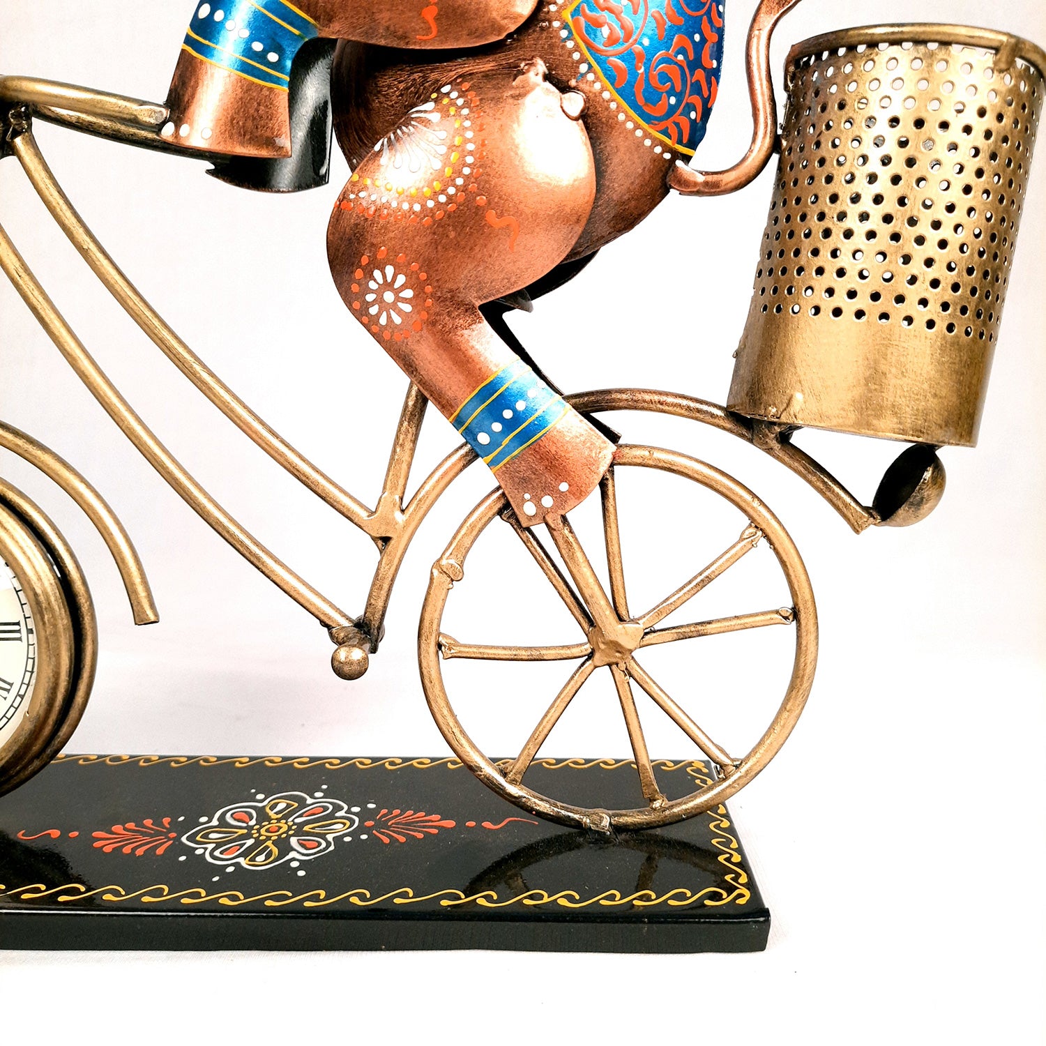 Pen Holder Cum Desk Clock | Elephant on Cycle Decorative Showpiece | Multipurpose Holders Stand - For Stationary Gifts, Table, Desk Organizing, Home, Office Decor & Corporate Gifts - 12 Inch - apkamart