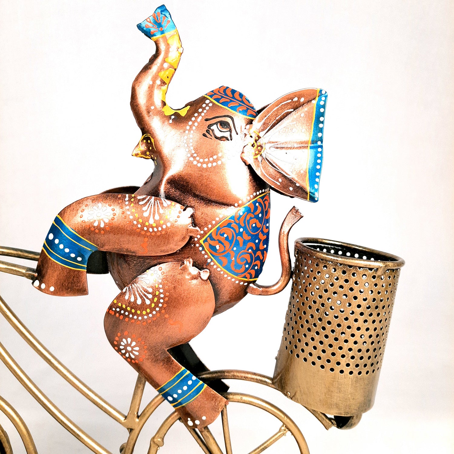 Pen Holder Cum Desk Clock | Elephant on Cycle Decorative Showpiece | Multipurpose Holders Stand - For Stationary Gifts, Table, Desk Organizing, Home, Office Decor & Corporate Gifts - 12 Inch - apkamart