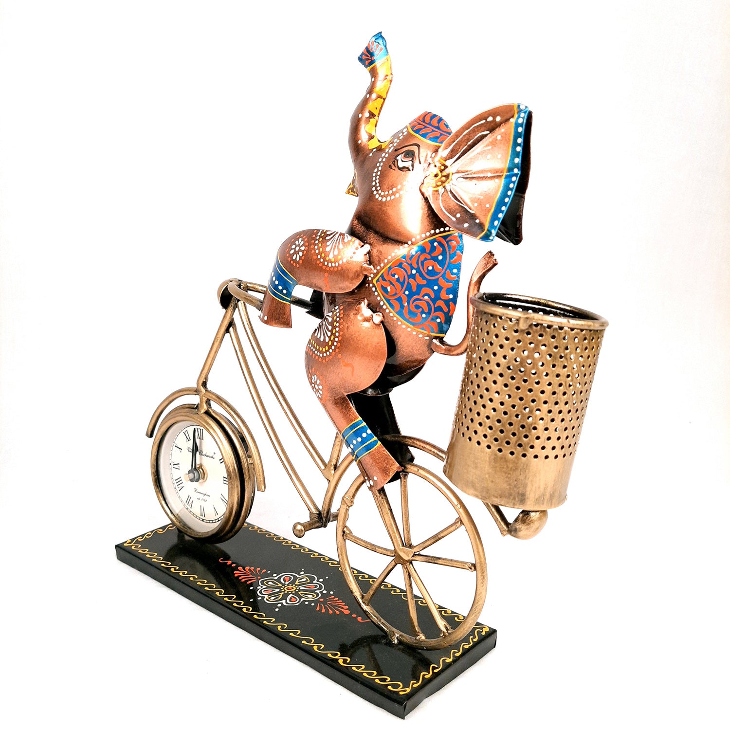 Pen Holder Cum Desk Clock | Elephant on Cycle Decorative Showpiece | Multipurpose Holders Stand - For Stationary Gifts, Table, Desk Organizing, Home, Office Decor & Corporate Gifts - 12 Inch - apkamart