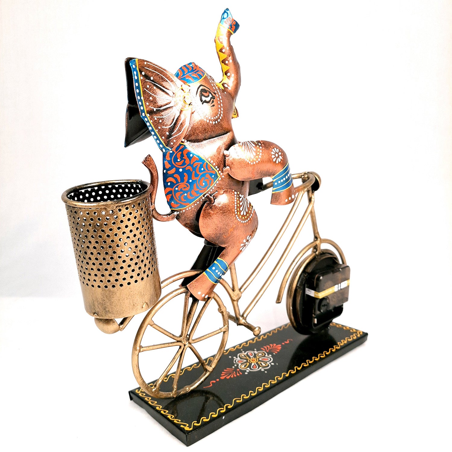 Pen Holder Cum Desk Clock | Elephant on Cycle Decorative Showpiece | Multipurpose Holders Stand - For Stationary Gifts, Table, Desk Organizing, Home, Office Decor & Corporate Gifts - 12 Inch - apkamart