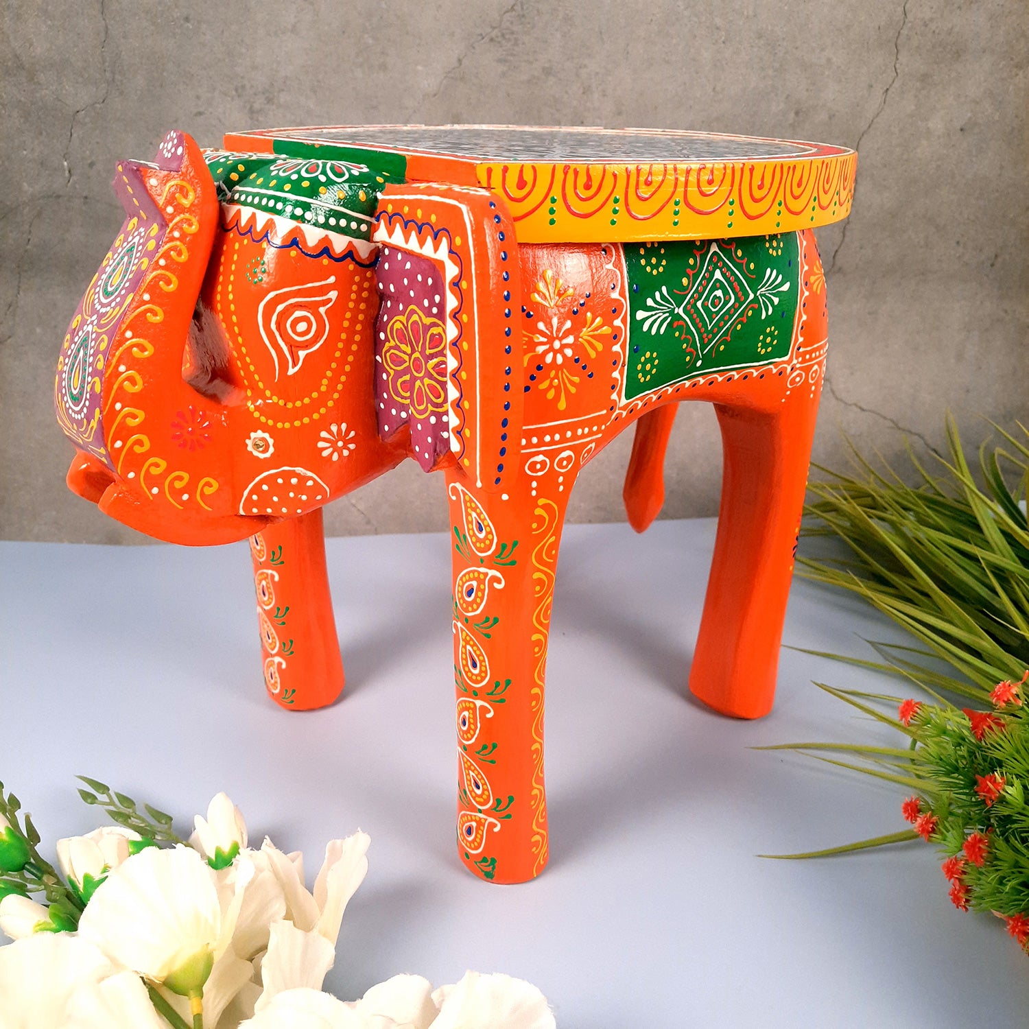 End Tables - Elephant Design | Wooden Side Table for Keeping Lamp, Vases & Plants | Small Stools - for Bedside, Home Decor, Corners, Sofa Side Stool, Office & Gifts - 12 Inch - apkamart #color_Orange