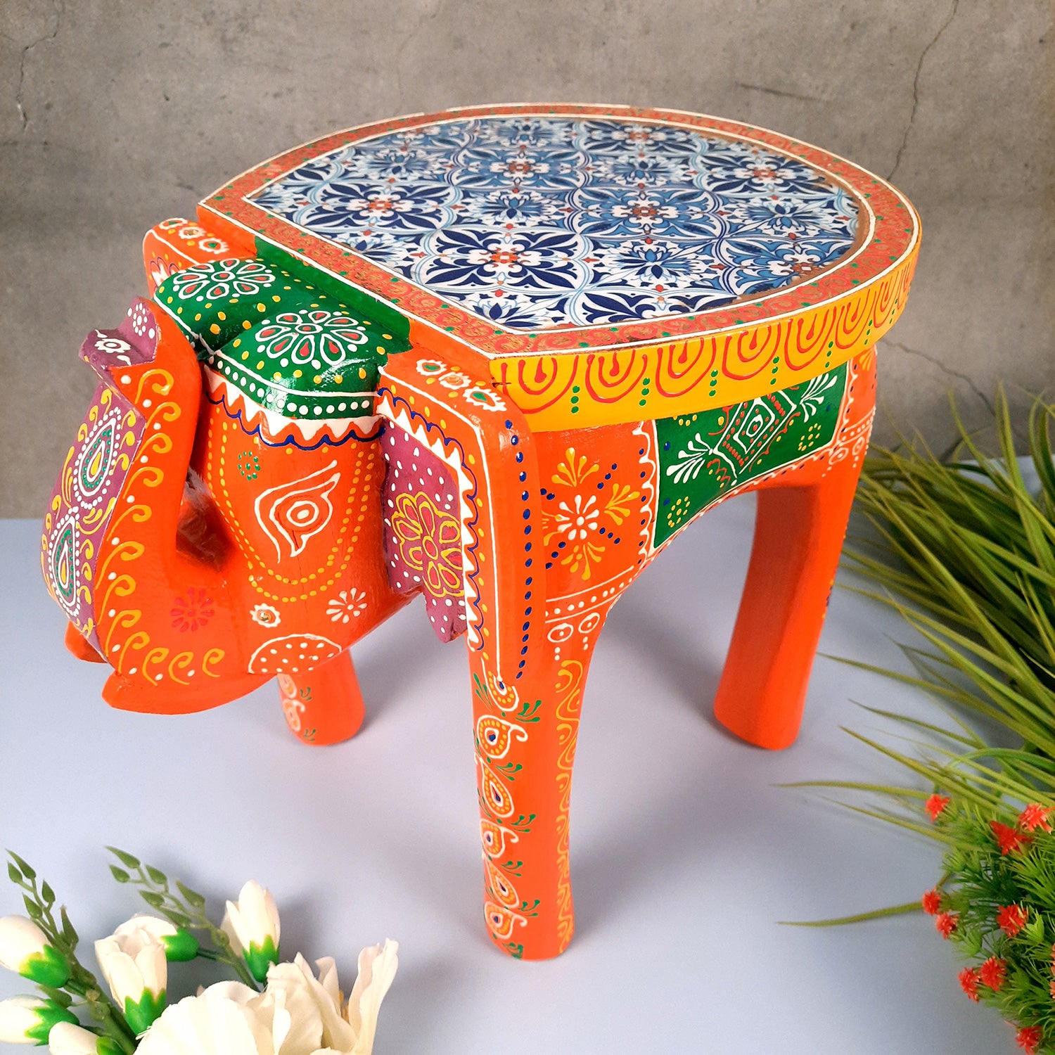 End Tables - Elephant Design | Wooden Side Table for Keeping Lamp, Vases & Plants | Small Stools - for Bedside, Home Decor, Corners, Sofa Side Stool, Office & Gifts - 12 Inch - apkamart #color_Orange