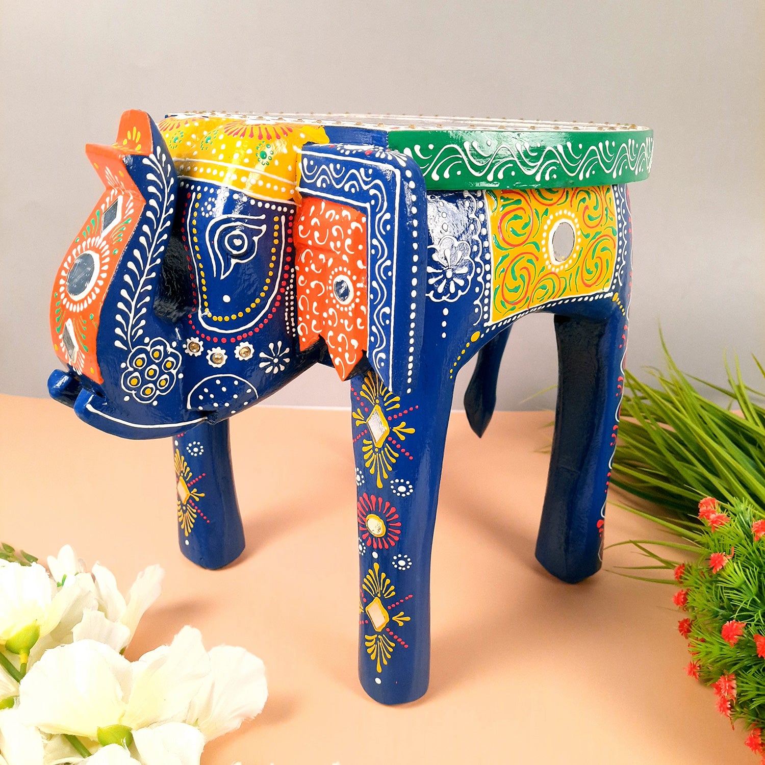 End Tables - Elephant Design | Wooden Side Table for Keeping Lamp, Vases & Plants | Small Stools - for Bedside, Home Decor, Corners, Sofa Side Stool, Office & Gifts - 12 Inch - apkamart #color_Blue