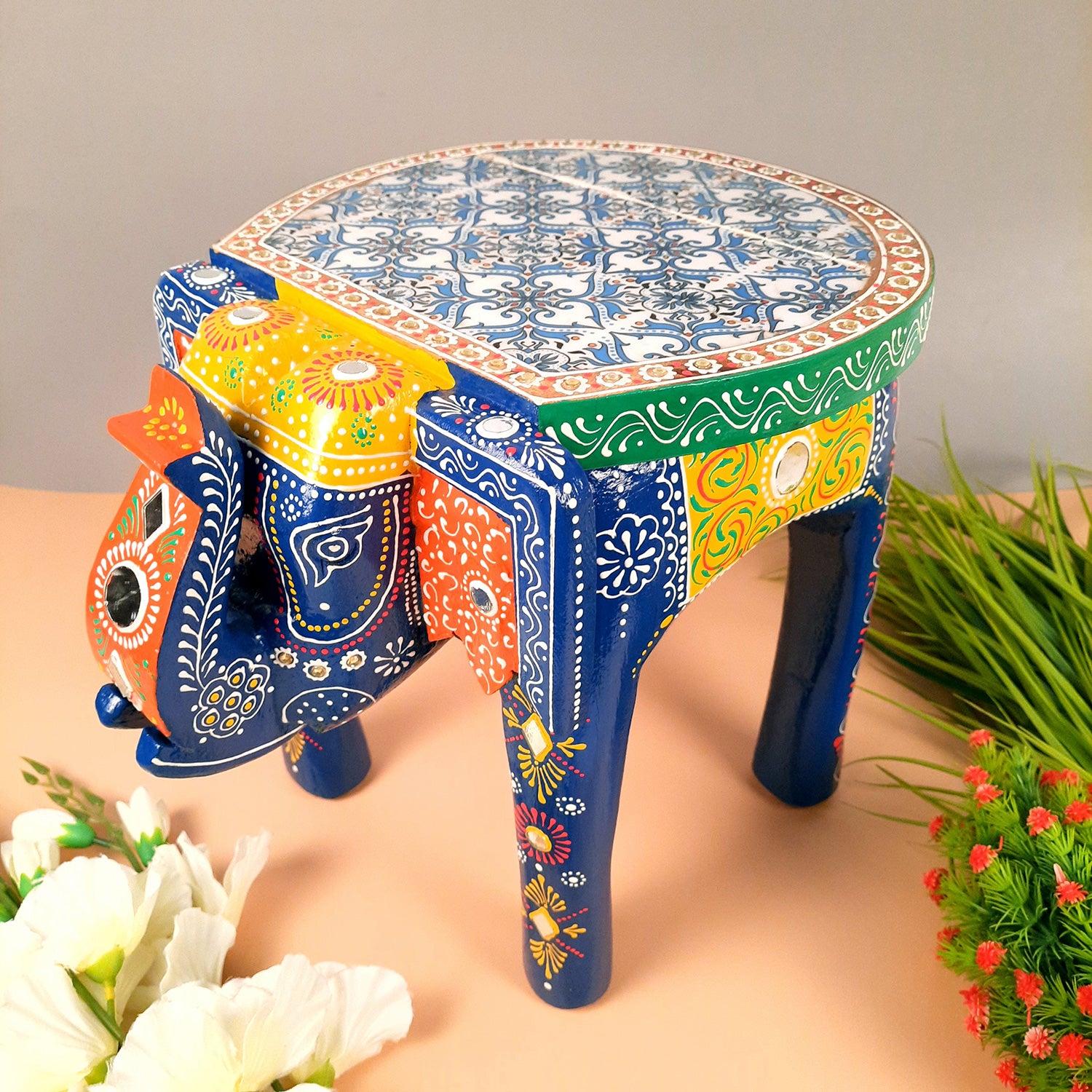 End Tables - Elephant Design | Wooden Side Table for Keeping Lamp, Vases & Plants | Small Stools - for Bedside, Home Decor, Corners, Sofa Side Stool, Office & Gifts - 12 Inch - apkamart #color_Blue