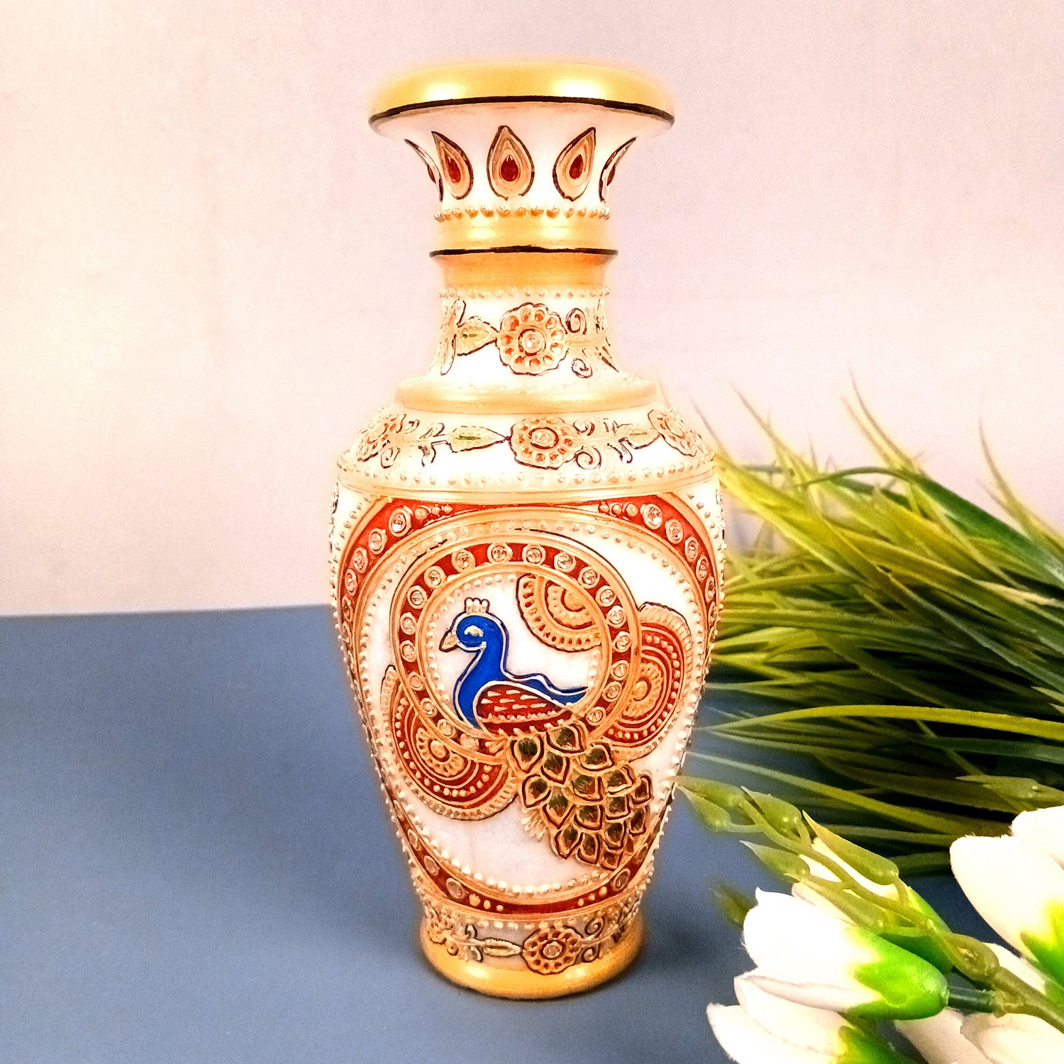 Flower Vase Marble - Peacock Design for Table Decoration | Handcrafted Flower Pot - for Home, Shelf, Living Room, Entrance Decor & Wedding / Housewarming Gifts - 10 inch - Apkamart #Style_Design 1
